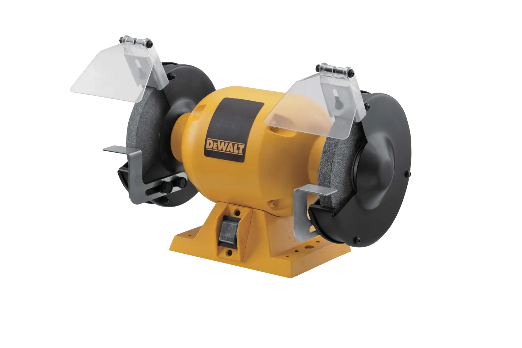 A DEWALT bench grinder with a yellow body, two grinding wheels on either side, and clear protective shields attached above each wheel.