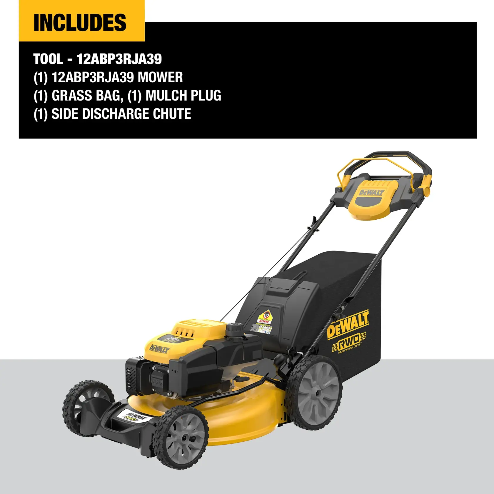 Image of a DEWALT rear wheel drive lawn mower, model 12ABP3RJA39. The mower is yellow and black with a large grass bag attached. The top left corner lists included items: 12ABP3RJA39 mower, grass bag, mulch plug, and side discharge chute.