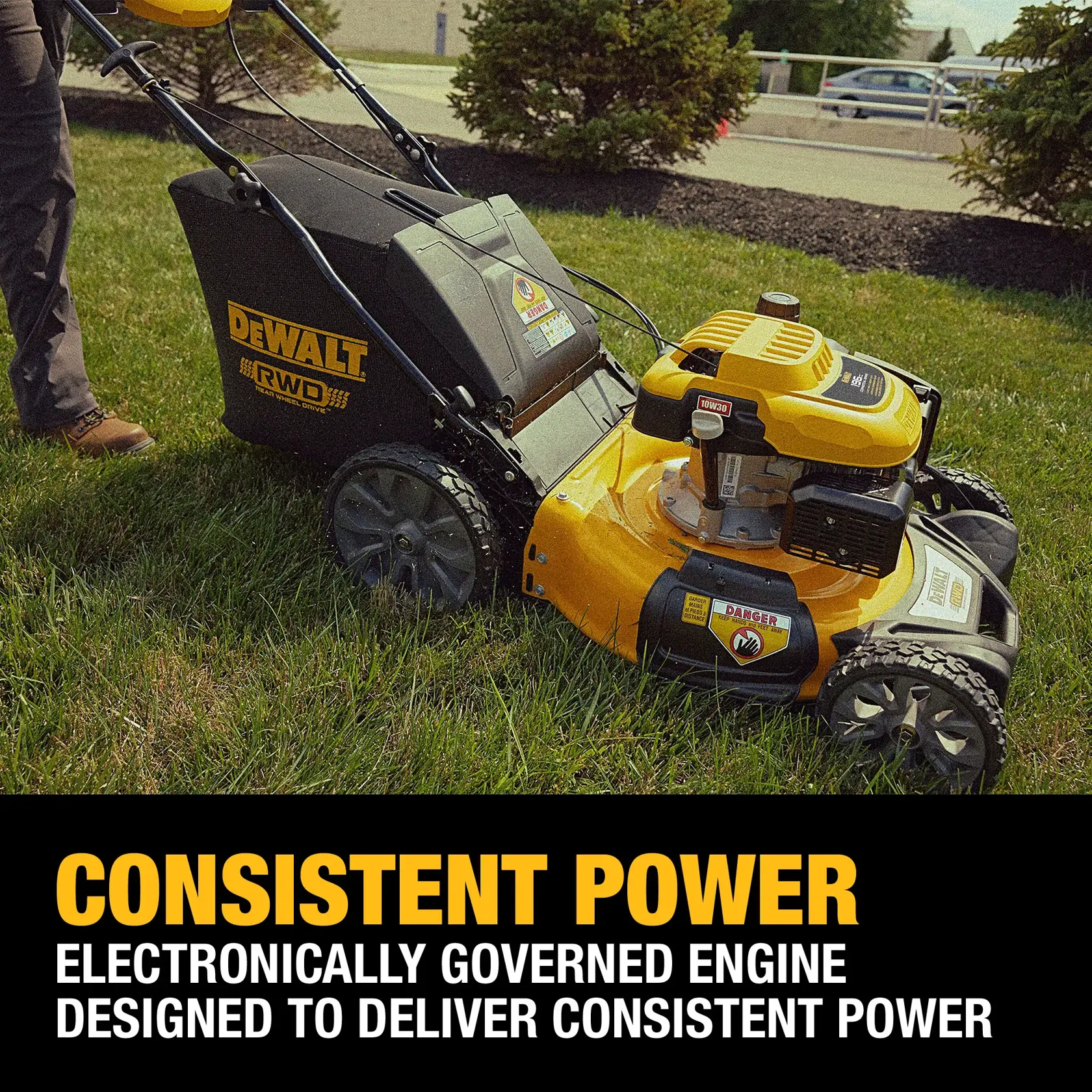 A DEWALT-branded yellow and black lawn mower with a rear wheel drive feature is shown on grass, accompanied by promotional text highlighting its electronically governed engine designed for consistent power.
