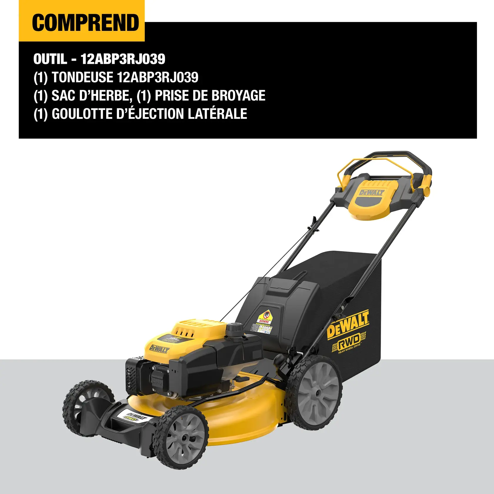 Image of a DEWALT rear wheel drive lawn mower, model 12ABP3RJA39. The mower is yellow and black with a large grass bag attached. The top left corner lists included items: 12ABP3RJA39 mower, grass bag, mulch plug, and side discharge chute.