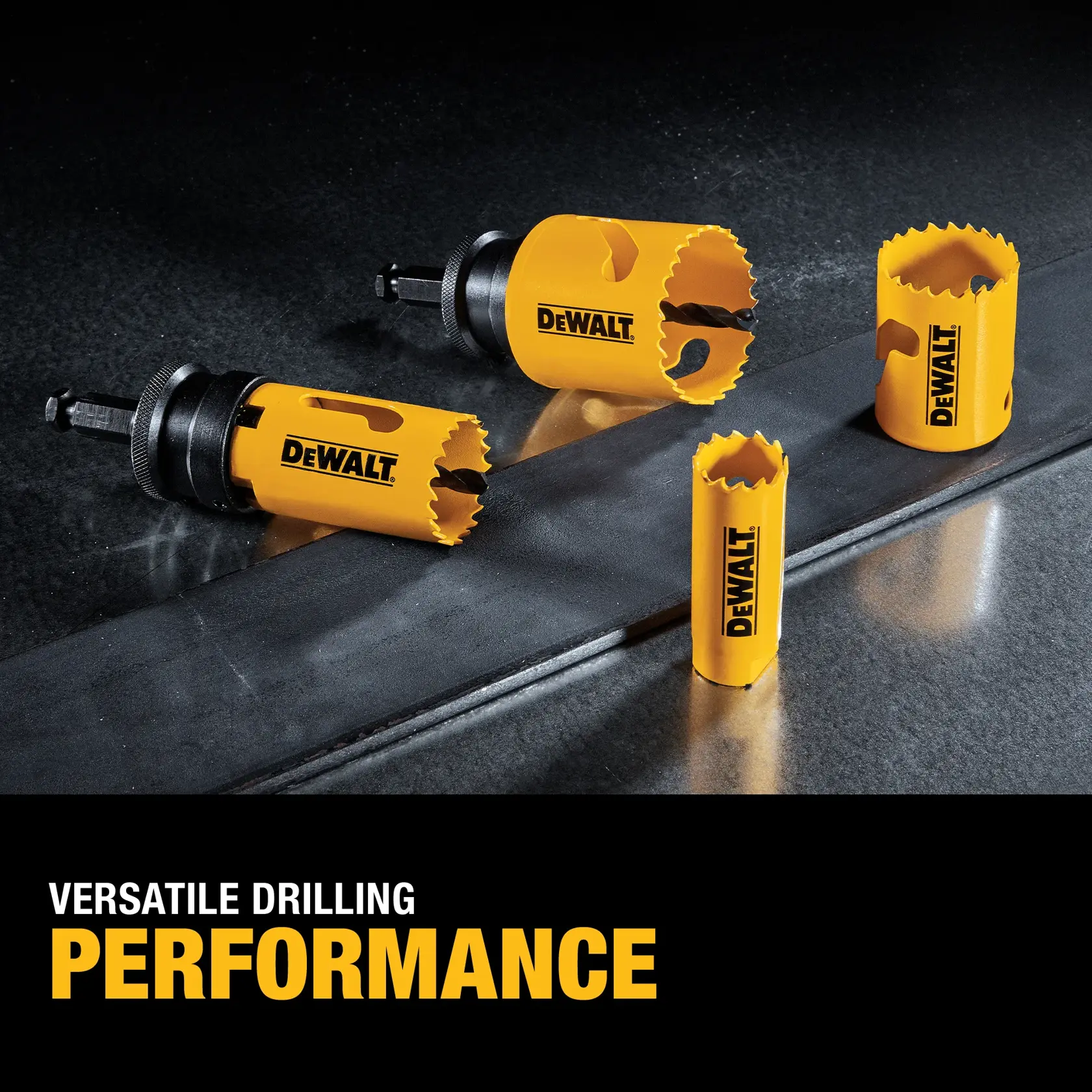 Four yellow DEWALT-branded hole saw drill bits are arranged on a dark surface, showcasing their versatility for drilling. Two of the bits are attached to arbors, and the other two are displayed upright. The image includes the text: 'Versatile Drilling Performance'.