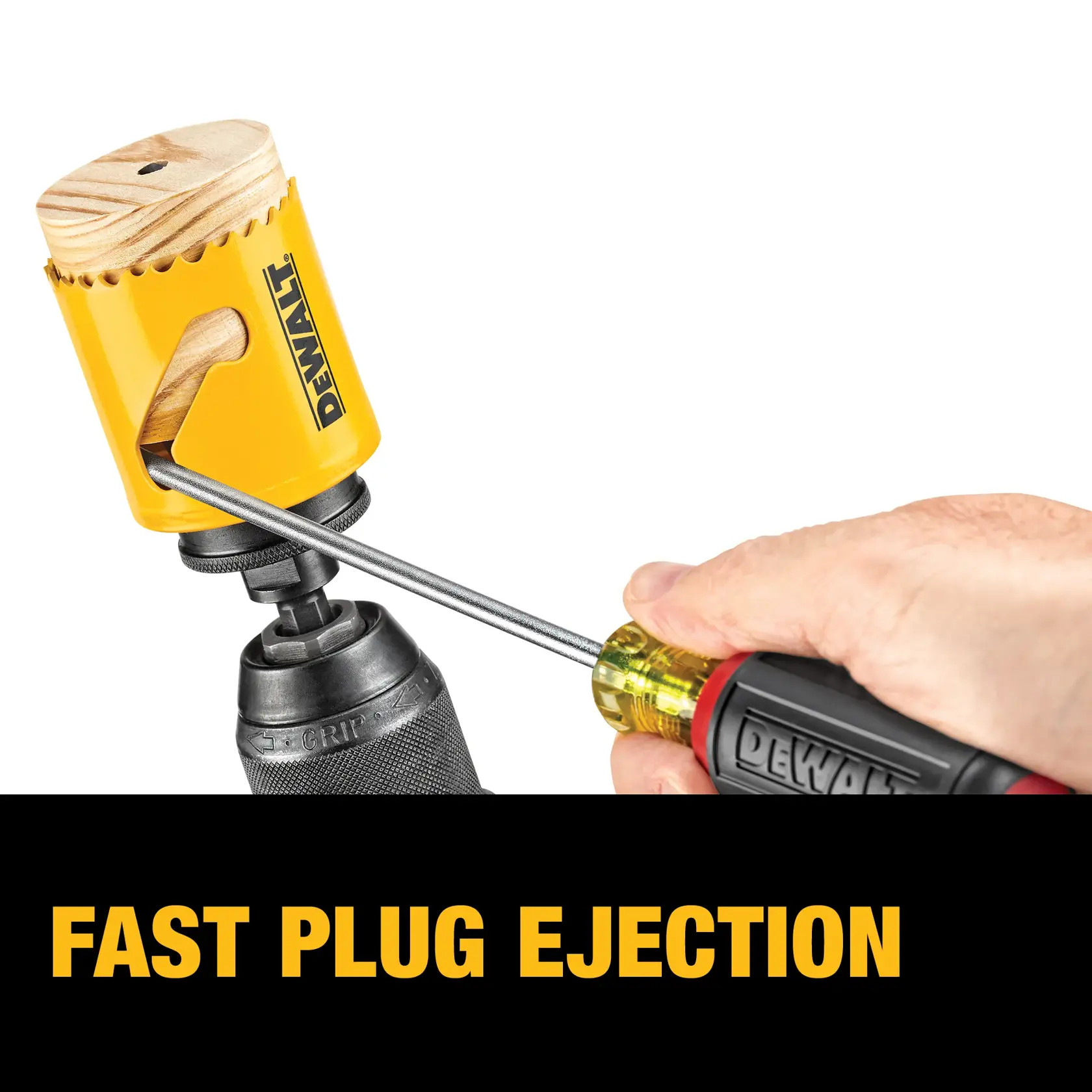 A DEWALT hole saw attached to a drill with a wooden plug inside. A hand is using a screwdriver to eject the wooden plug from the hole saw through a side opening. The bottom of the image features the text 'FAST PLUG EJECTION' in bold yellow letters.