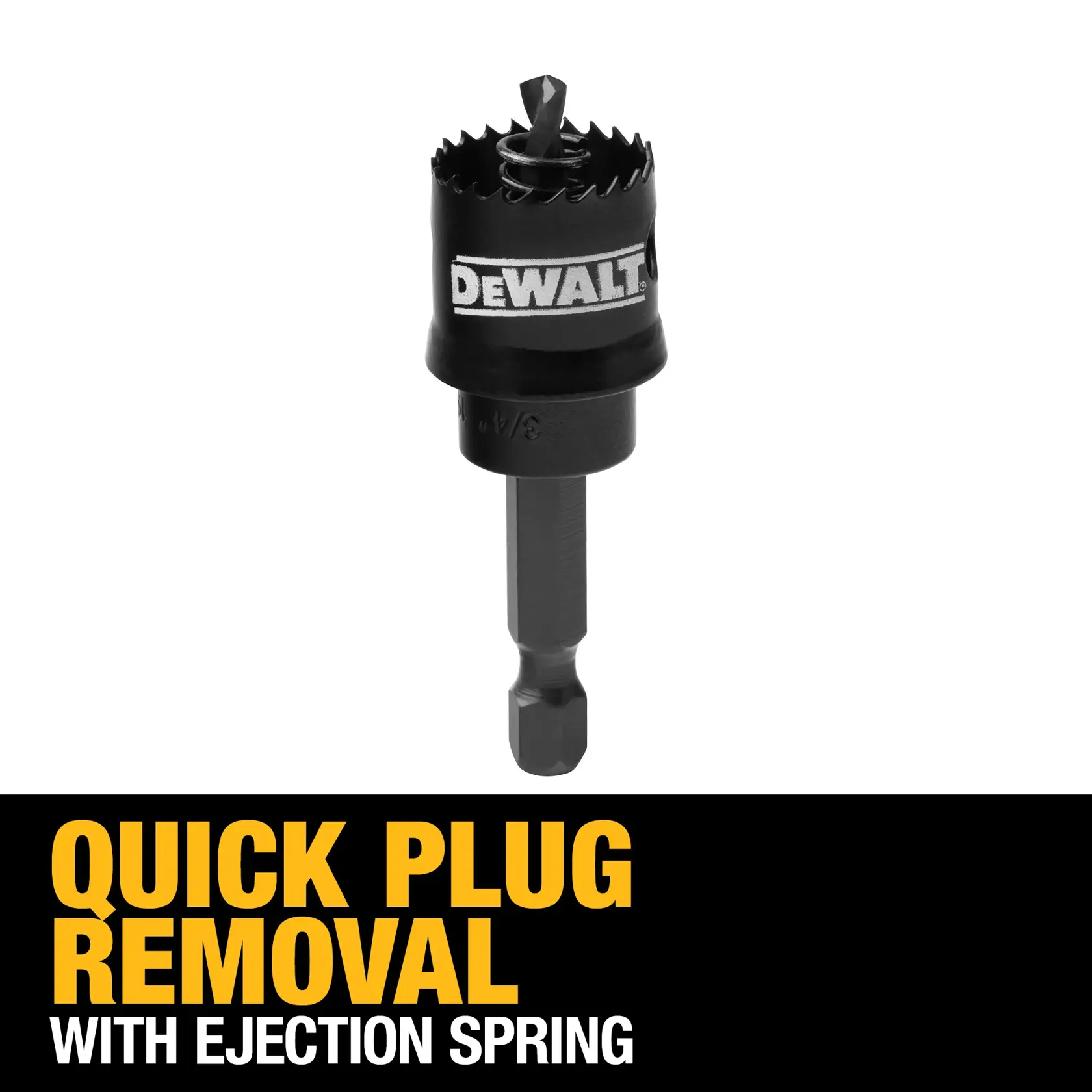 A DEWALT branded hole saw drill bit with an ejection spring, designed for quick plug removal. The image includes bold yellow and white text stating 'QUICK PLUG REMOVAL WITH EJECTION SPRING.'