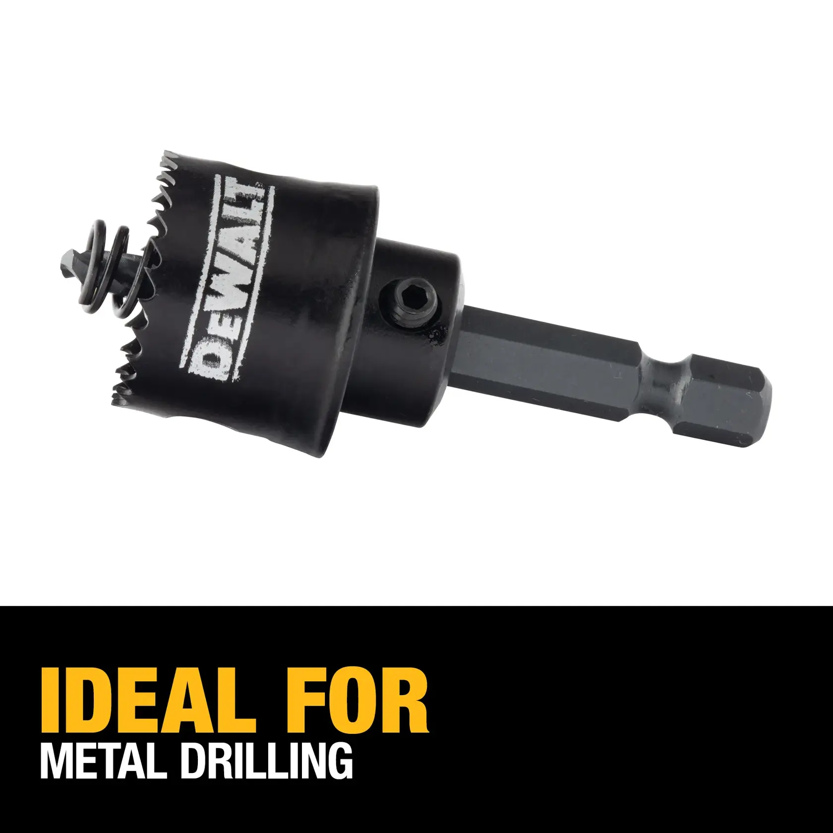 A DEWALT branded hole saw drill bit with hex shank, shown above a label stating 'Ideal for metal drilling.'