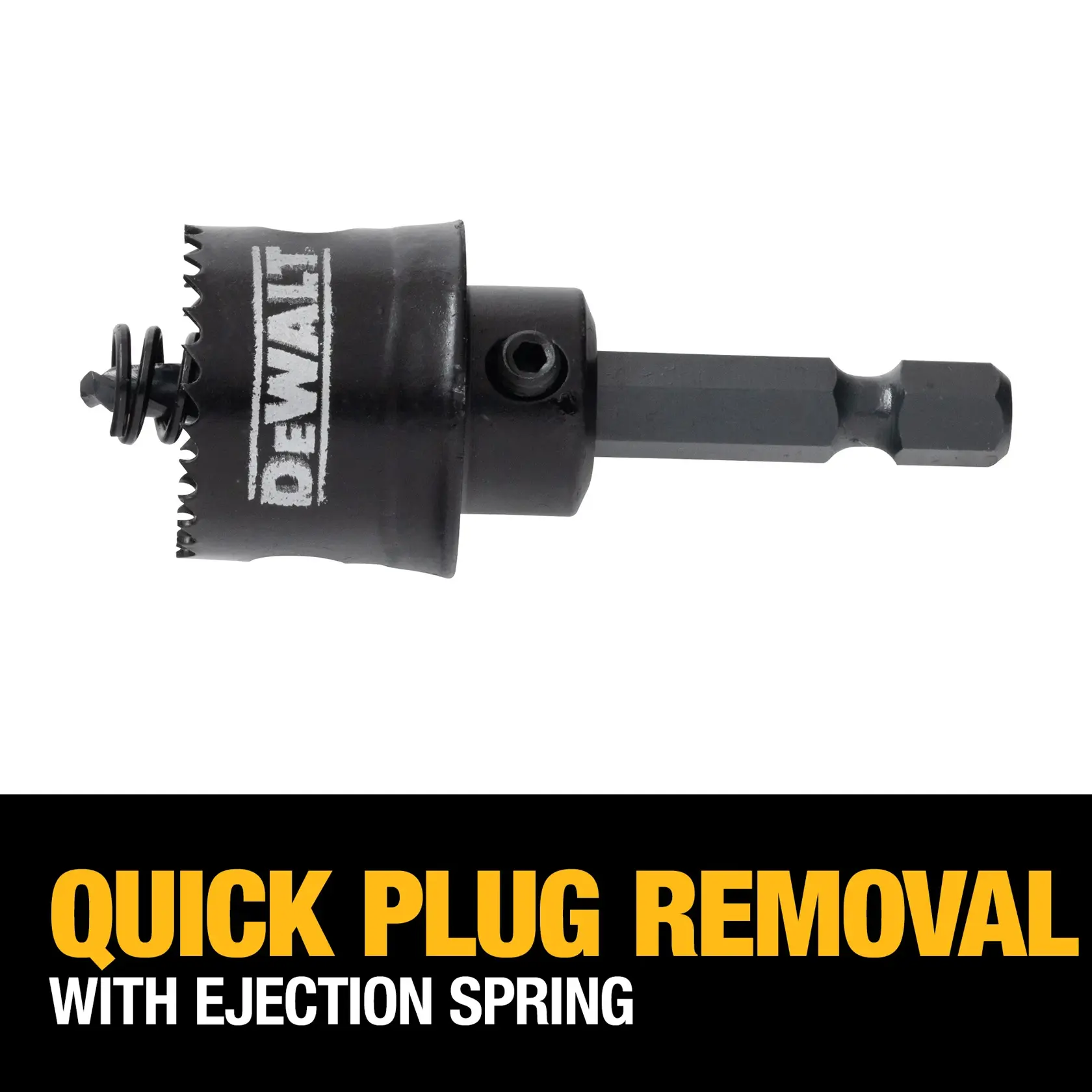 A DEWALT hole saw bit with an ejection spring for quick plug removal. The product is shown with the DEWALT logo and the text 'Quick Plug Removal with Ejection Spring' below.