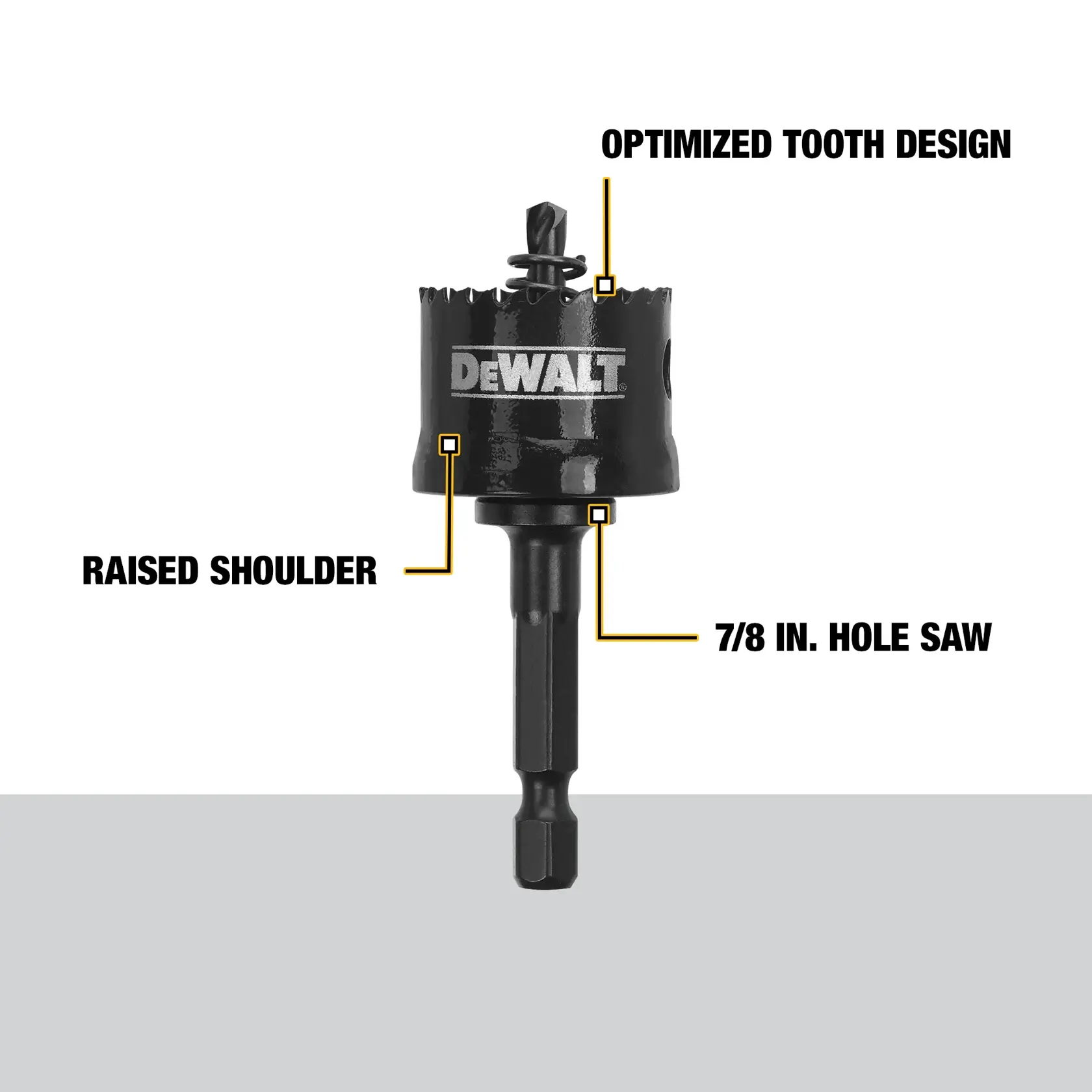 Image of a DEWALT 7/8 inch hole saw with a raised shoulder and optimized tooth design. Features and labels highlight the raised shoulder, optimized tooth design, and size of the hole saw.