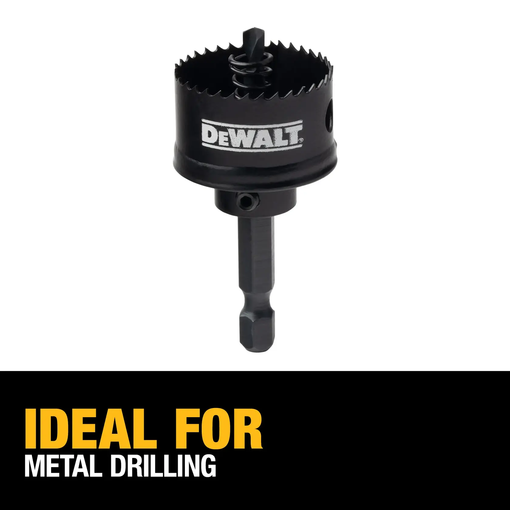 DEWALT hole saw drill bit with hex shank, ideal for metal drilling. The product is shown against a white background with 'Ideal For Metal Drilling' text displayed below.