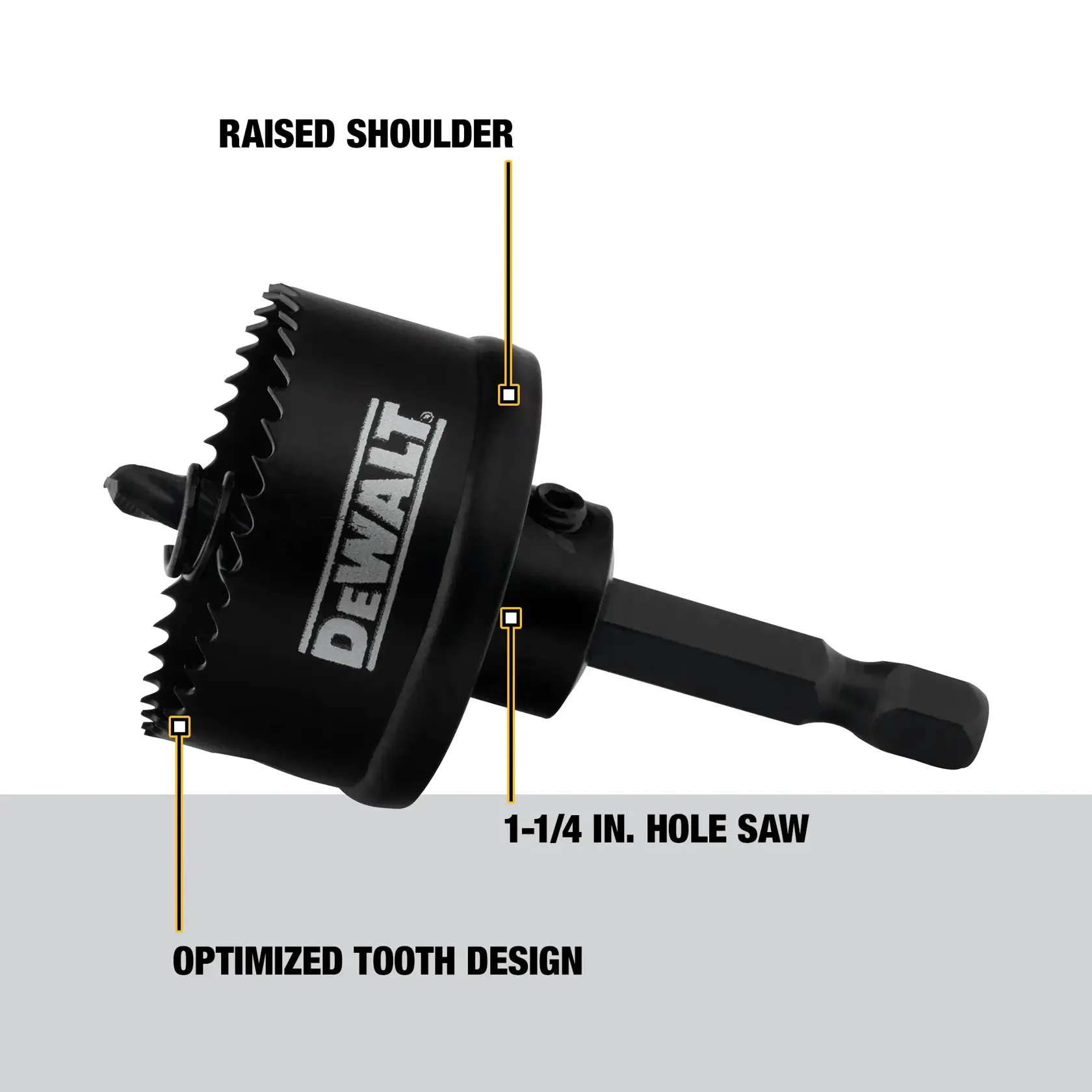 Close-up image of a DEWALT 1-1/4 inch hole saw, highlighting its raised shoulder and optimized tooth design with labeled features.