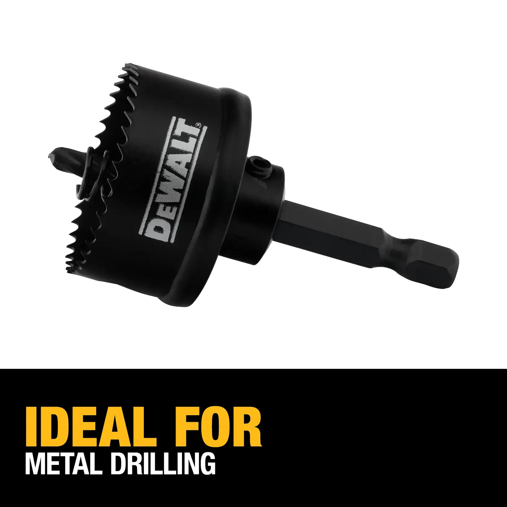 A DEWALT branded hole saw drill bit with a hex shank, designed for drilling in metal. The text below the image reads 'IDEAL FOR METAL DRILLING'.