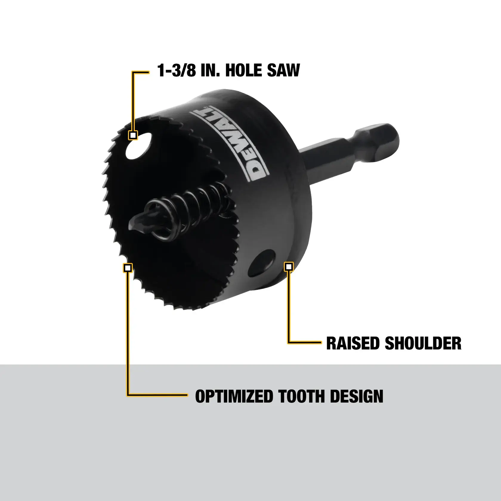 A DEWALT 1-3/8 inch hole saw with raised shoulder and optimized tooth design, shown with highlighted product features and a hex shank.