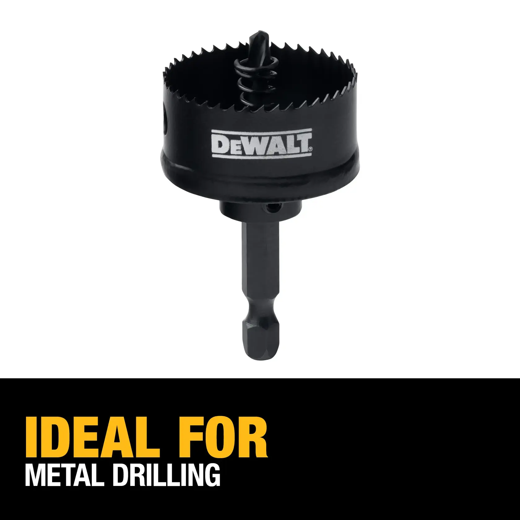 A DEWALT hole saw drill bit shown above a text that reads 'Ideal for metal drilling'.