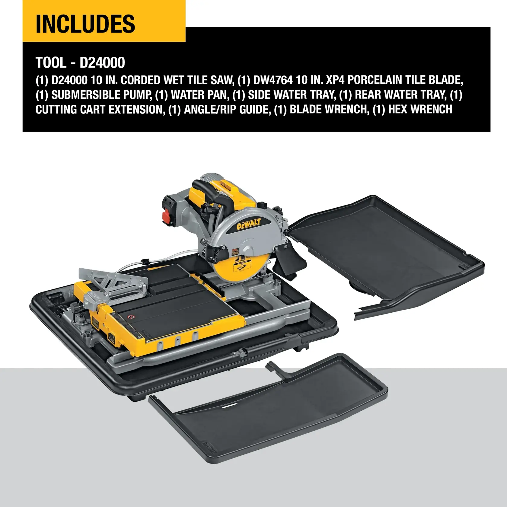 A DEWALT D24000 10-inch corded wet tile saw is shown with included accessories such as a porcelain tile blade, submersible pump, water pan, side and rear water trays, cutting cart extension, angle/rip guide, blade wrench, and hex wrench. The saw is displayed with open water trays and a cutting cart extension.