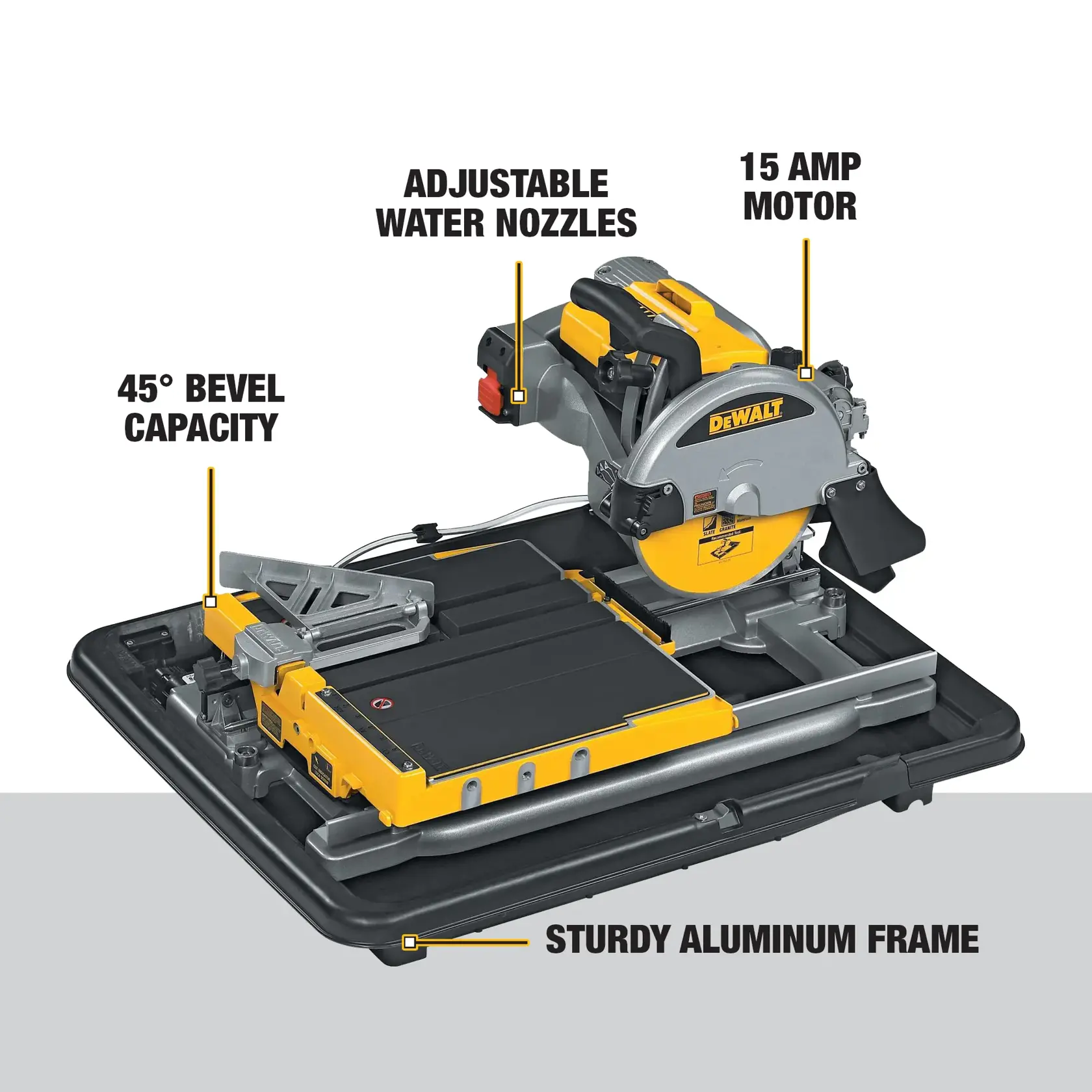 DEWALT D24000 wet tile saw with key features highlighted: adjustable water nozzles, a 15 amp motor, 45° bevel capacity, and a sturdy aluminum frame. The saw is shown on its base, with labels pointing to each feature.