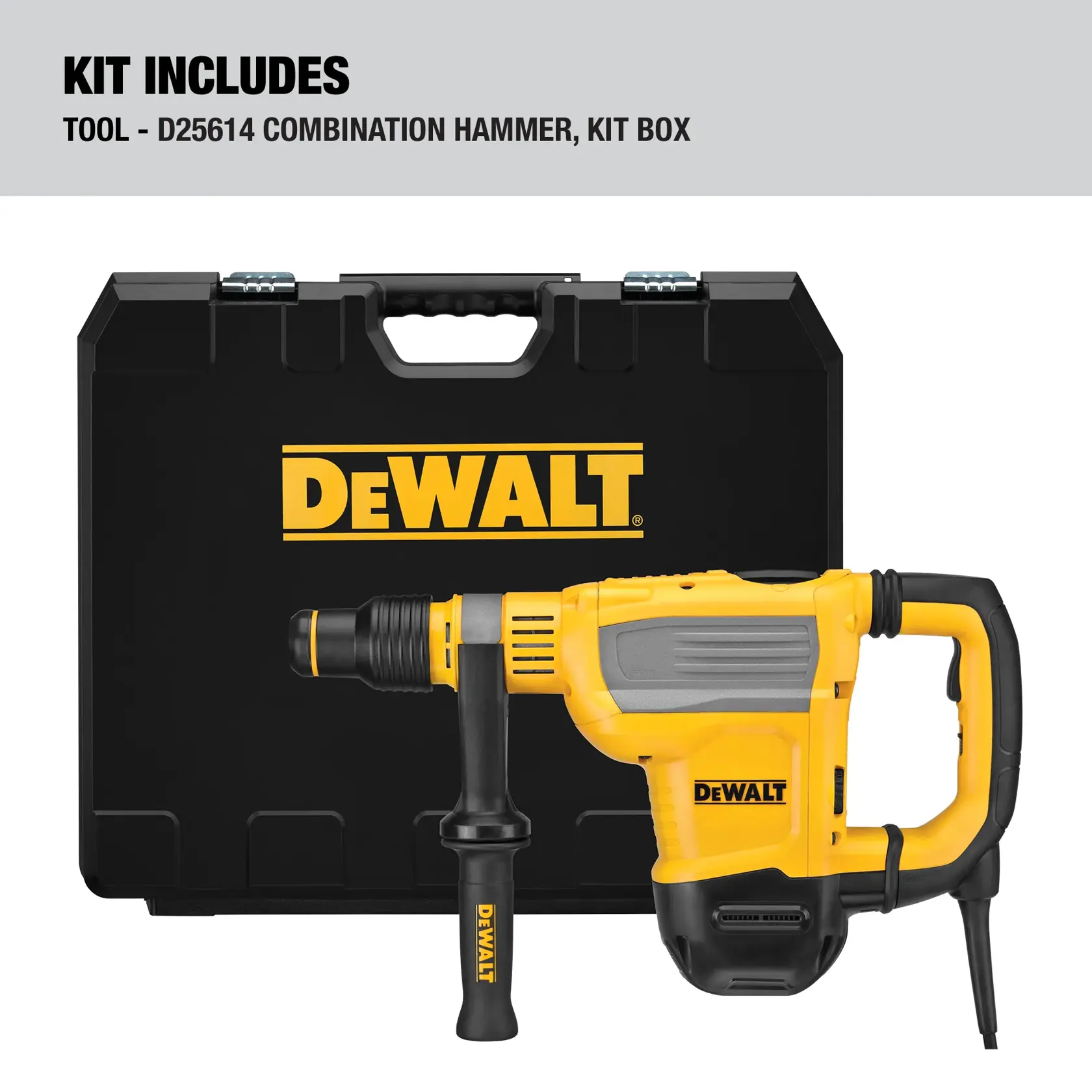 DEWALT D25614K combination hammer tool and kit box. The image shows a yellow and black electric hammer drill with side handle in front of a black carrying case with DEWALT branding.