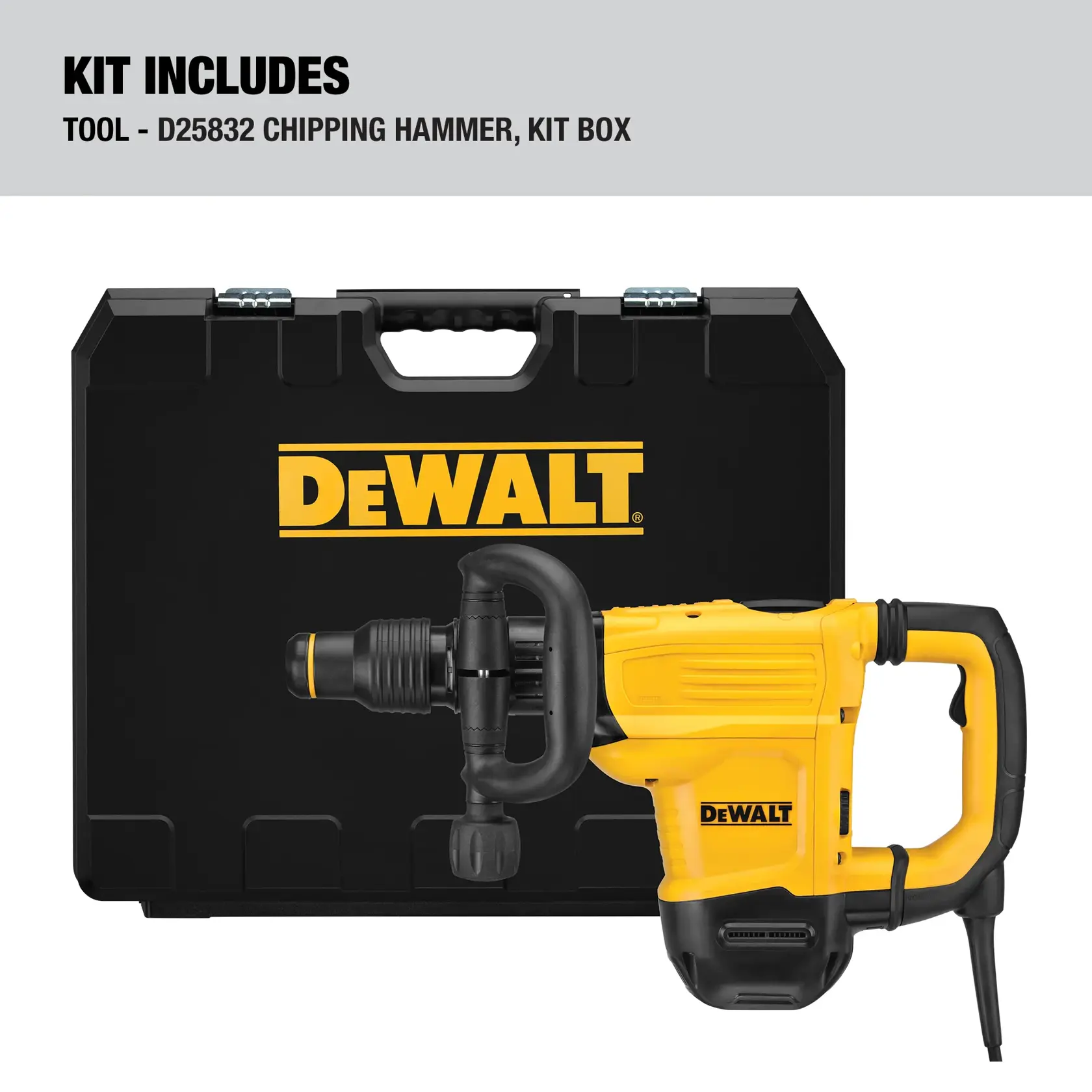 DEWALT D25832 chipping hammer in yellow and black, shown in front of a black carrying case with the DEWALT logo. The image text states the kit includes the tool and kit box.
