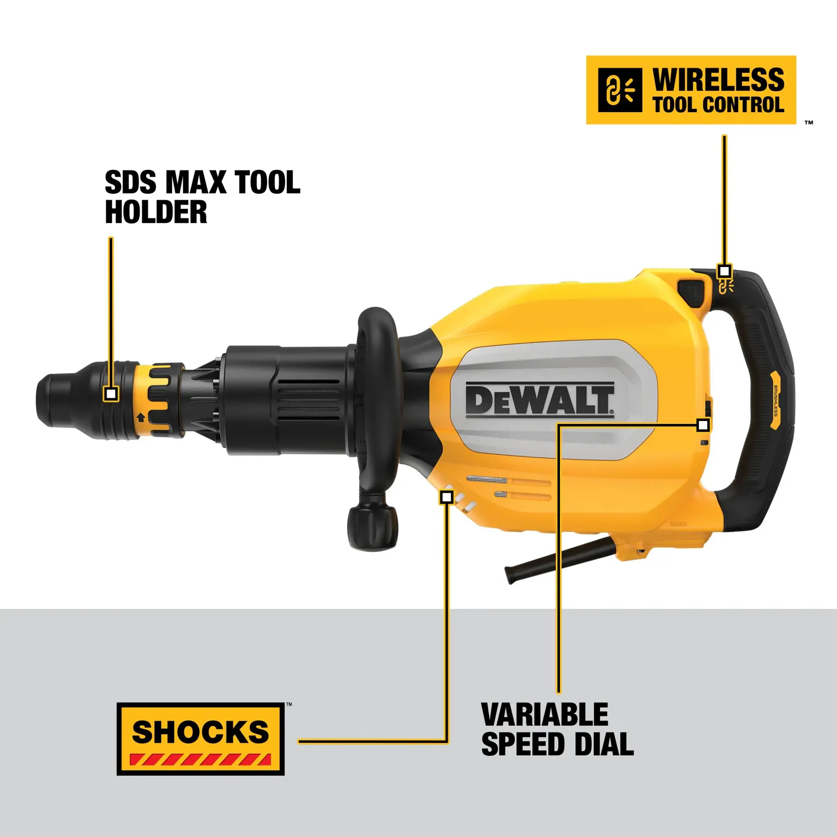 Image of a DEWALT demolition hammer model D25911K with highlighted features including SDS Max tool holder, wireless tool control, shock absorption technology, and a variable speed dial.