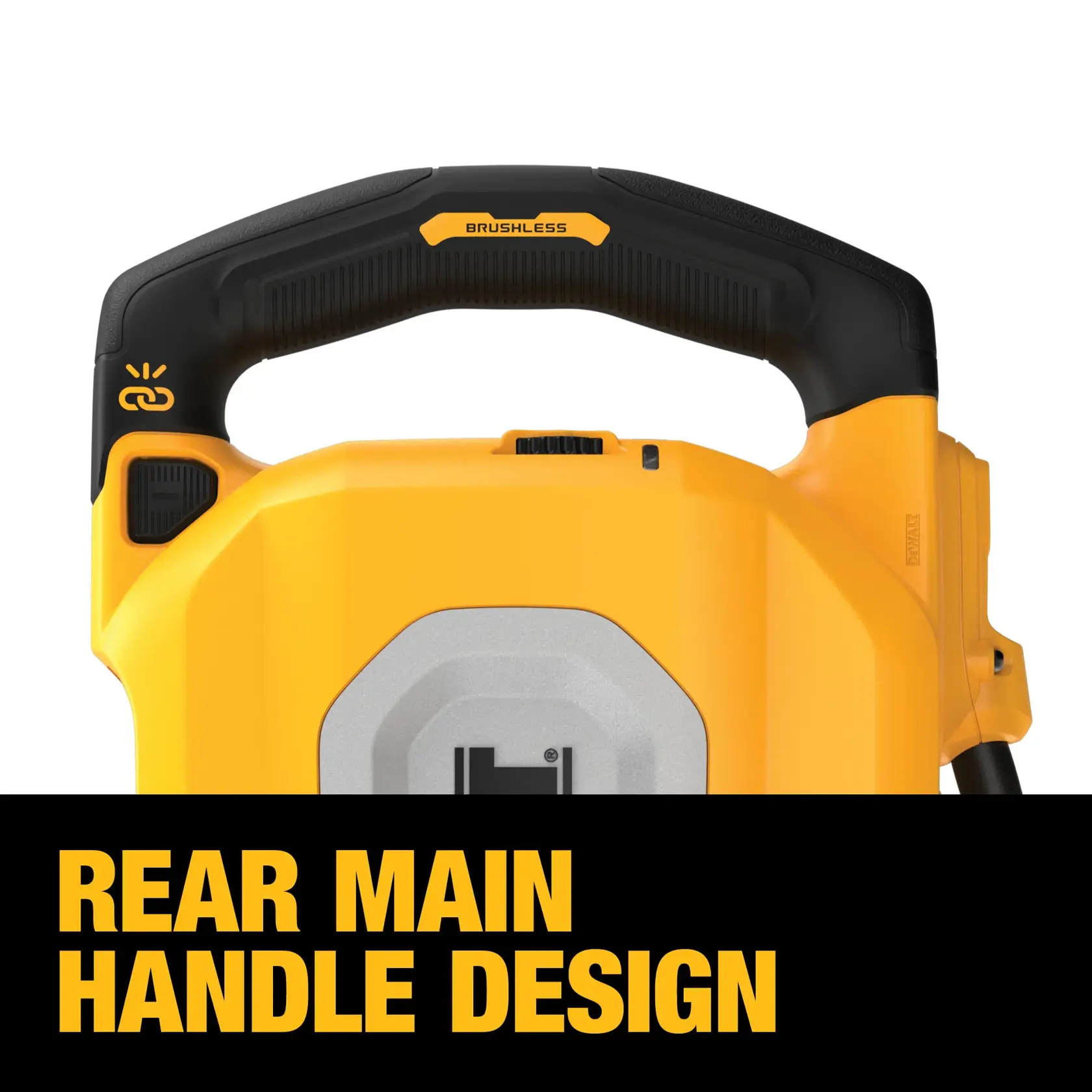 Close-up of the DEWALT D25911K tool showing its rear main handle design, with the word 'BRUSHLESS' on the handle and bold yellow text at the bottom reading 'REAR MAIN HANDLE DESIGN'.