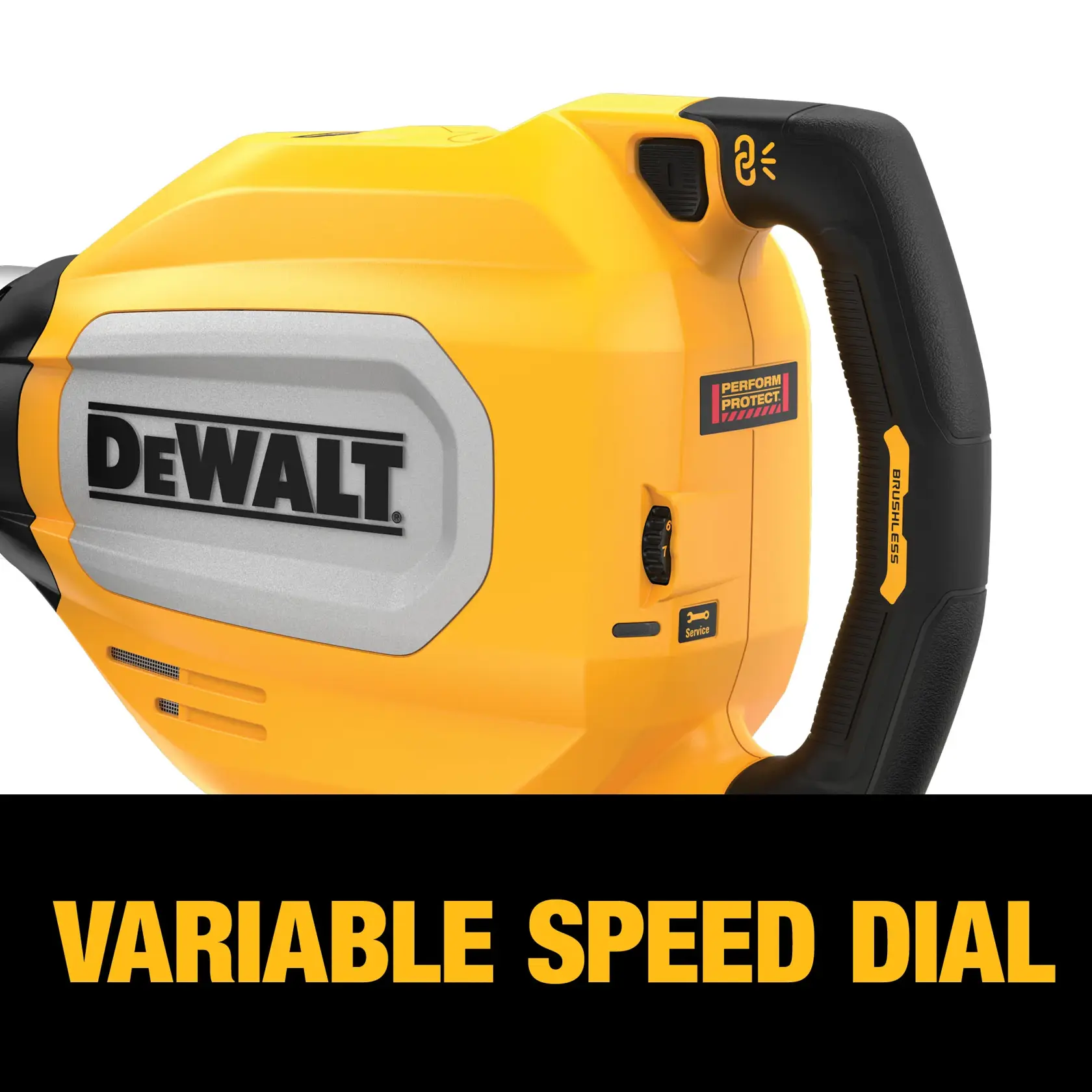 Close-up of a DEWALT power tool handle showing a variable speed dial, brushless label, and 'Perform Protect' sticker. The tool is yellow and black with a prominent DEWALT logo. Text below reads 'VARIABLE SPEED DIAL' in bold yellow letters.