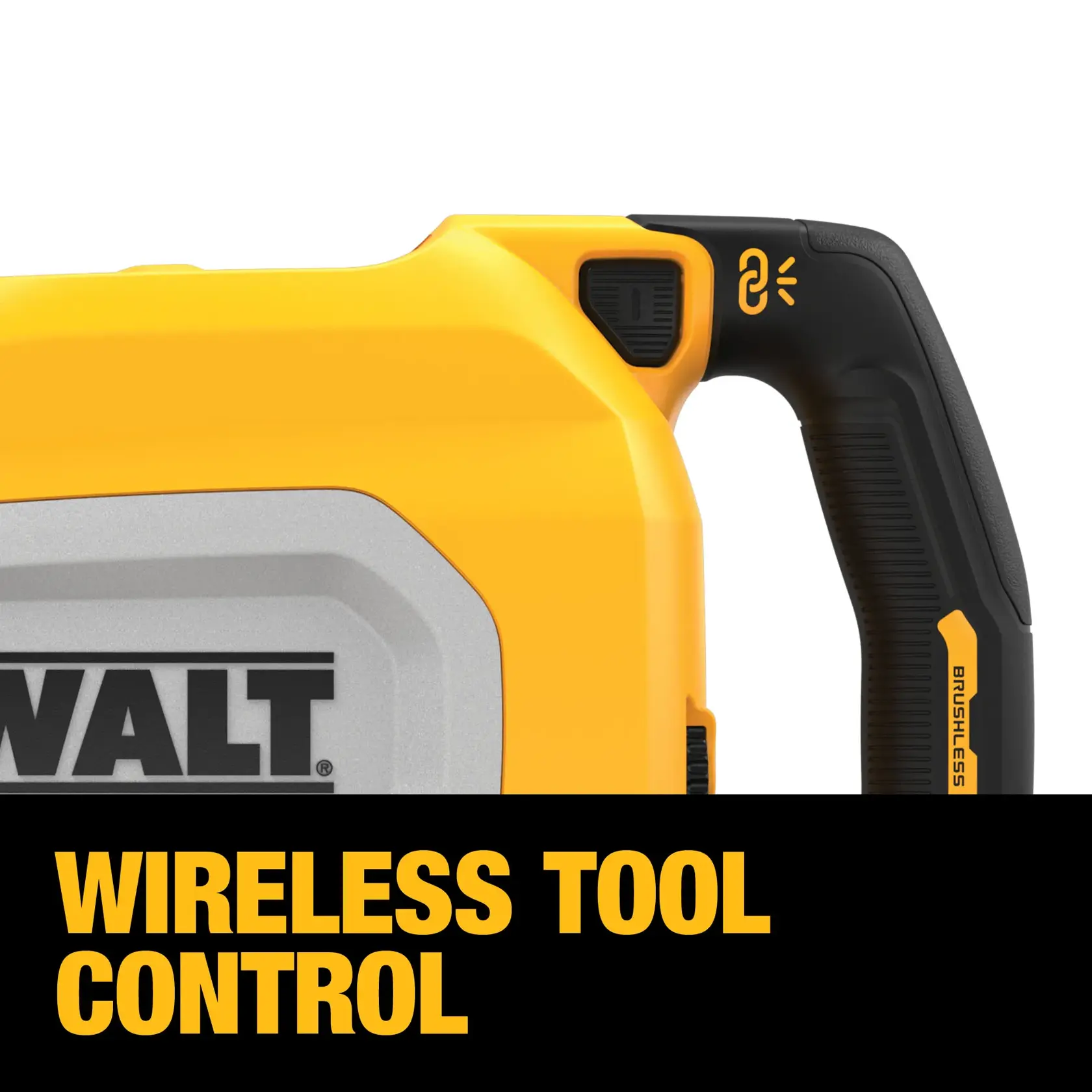 Close-up of a DEWALT power tool handle with a wireless tool control button and the words 'WIRELESS TOOL CONTROL' in bold yellow letters at the bottom.