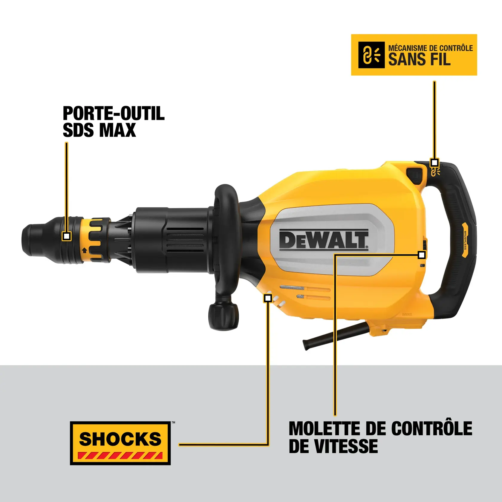 Image of a DEWALT demolition hammer model D25911K with highlighted features including SDS Max tool holder, wireless tool control, shock absorption technology, and a variable speed dial.