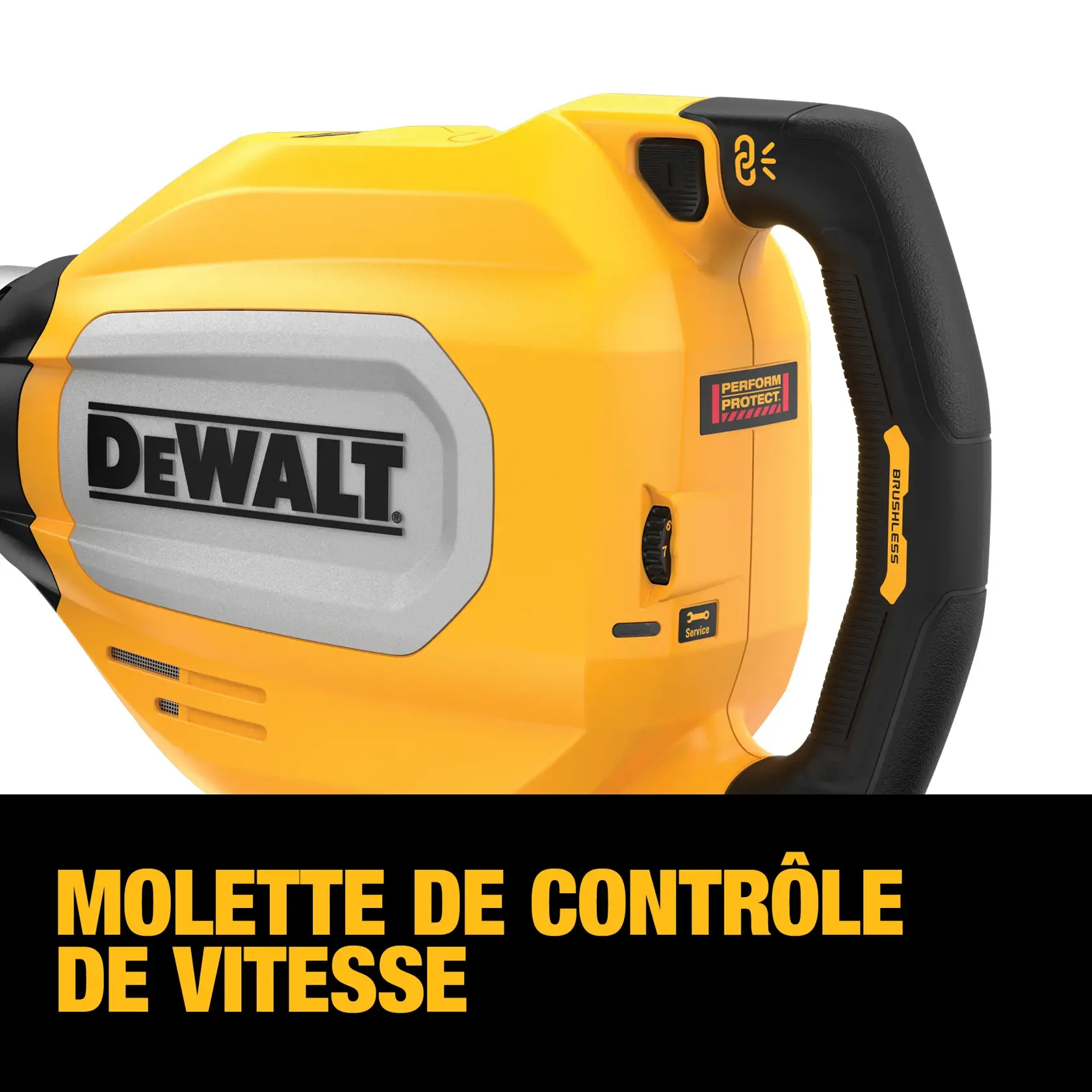 Close-up of a DEWALT power tool handle showing a variable speed dial, brushless label, and 'Perform Protect' sticker. The tool is yellow and black with a prominent DEWALT logo. Text below reads 'VARIABLE SPEED DIAL' in bold yellow letters.