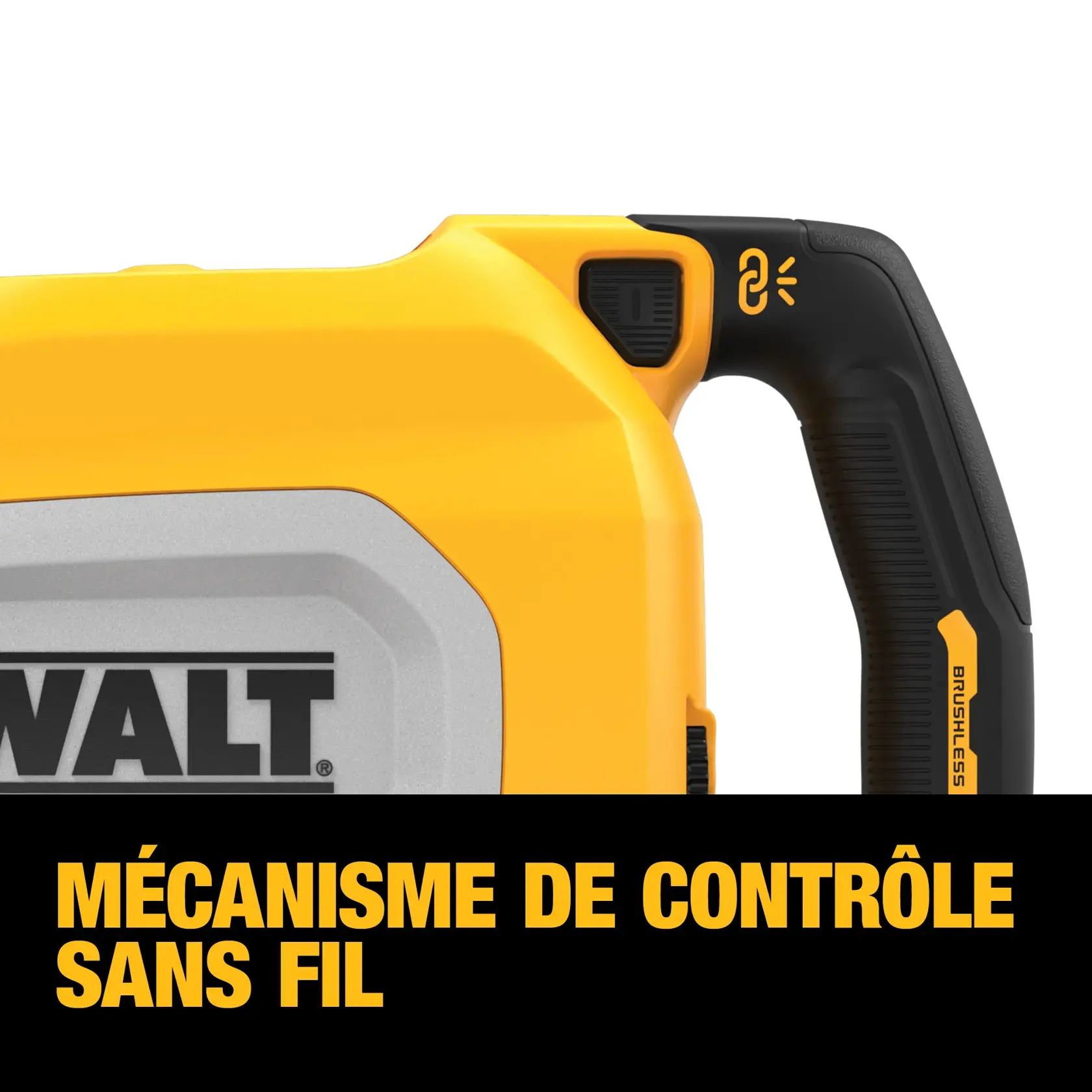 Close-up of a DEWALT power tool handle with a wireless tool control button and the words 'WIRELESS TOOL CONTROL' in bold yellow letters at the bottom.