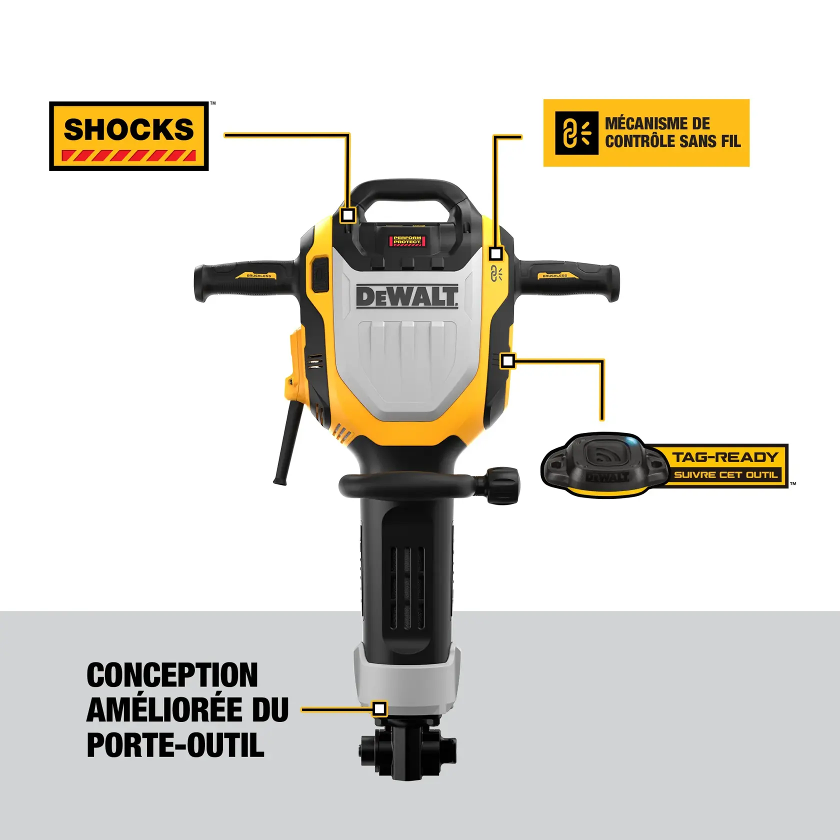 Image of a DEWALT tool, specifically a demolition hammer, with highlighted features: SHOCKS system for vibration control, wireless tool control, tag-ready for tool tracking, and improved tool holder design. The tool is shown in a frontal view with labels pointing to different features.