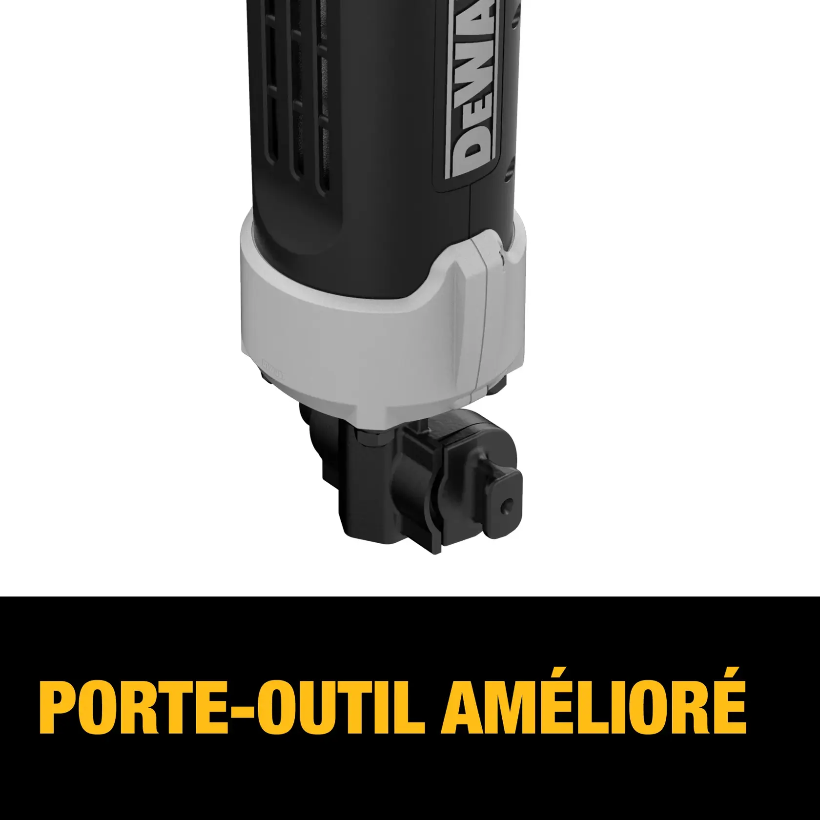 Close-up of a DEWALT power tool showing its improved tool holder, with the words 'IMPROVED TOOL HOLDER' written in bold yellow text below.