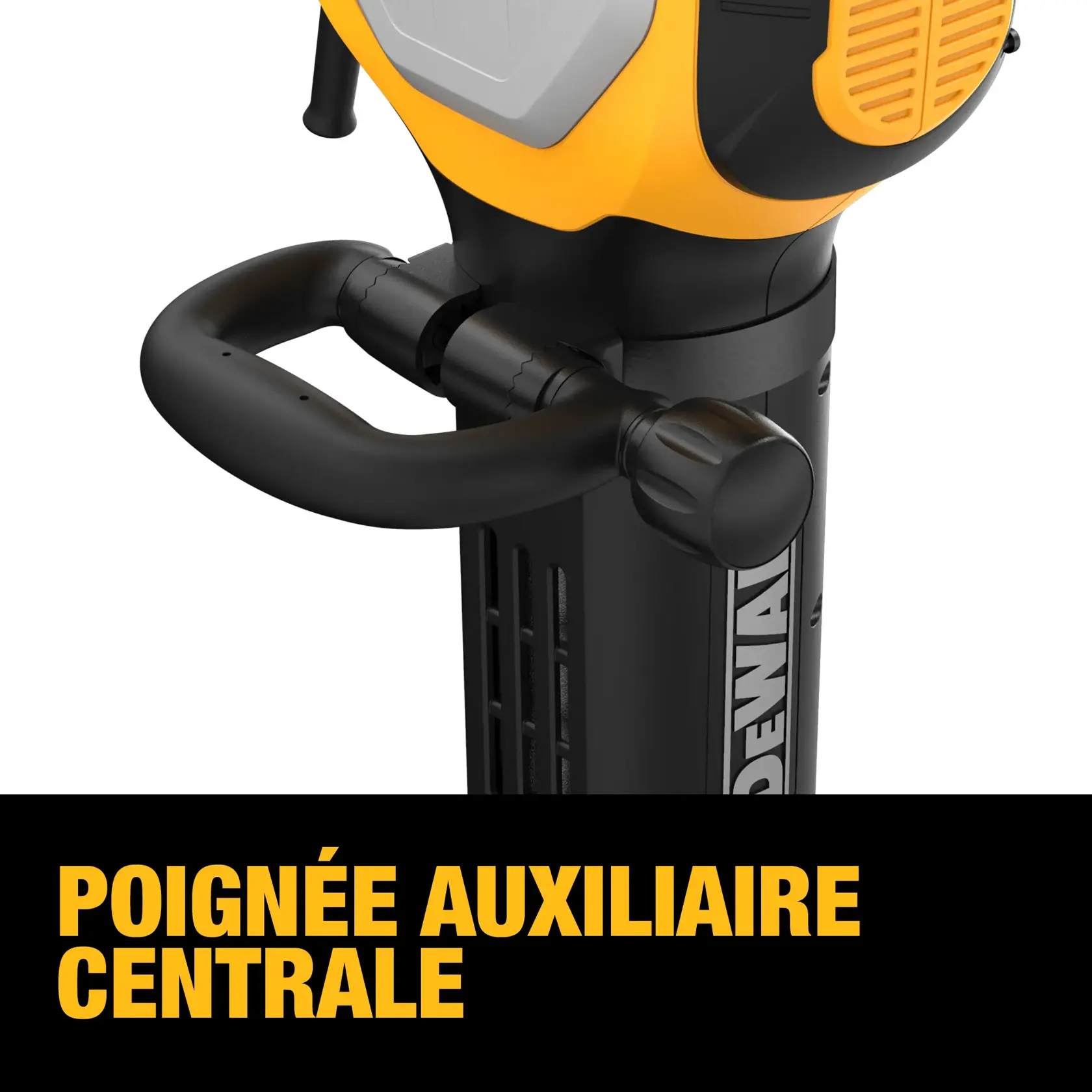 Close-up image of a DEWALT power tool featuring a black center auxiliary handle, with the words 'CENTER AUXILIARY HANDLE' displayed in yellow text below.