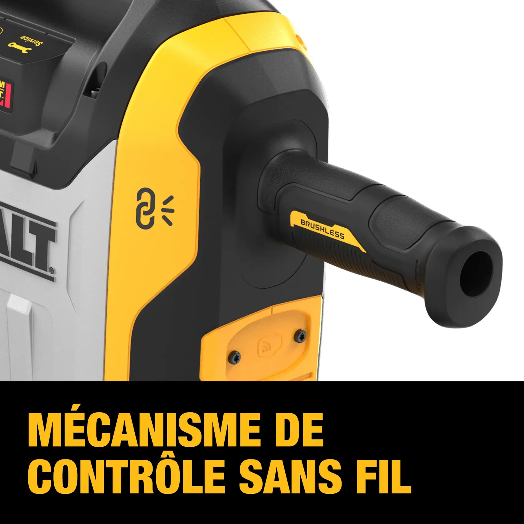 Close-up image of a DEWALT power tool featuring brushless technology and wireless tool control capability, with a side handle and branded logo.