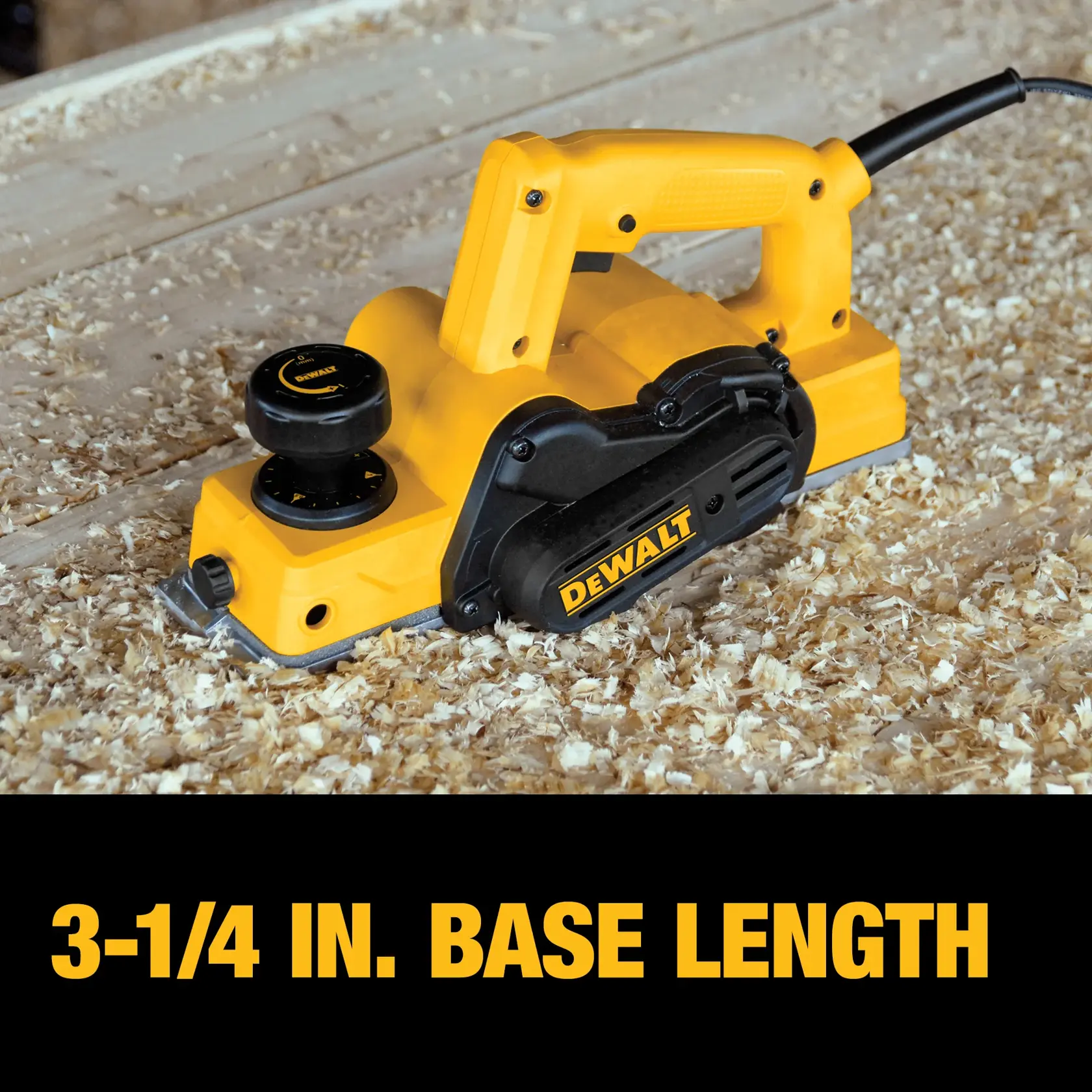 A yellow DEWALT electric hand planer, model D26676, is shown on a wooden surface surrounded by wood shavings. The planer has a 3-1/4 inch base length, as indicated by the text below the image.