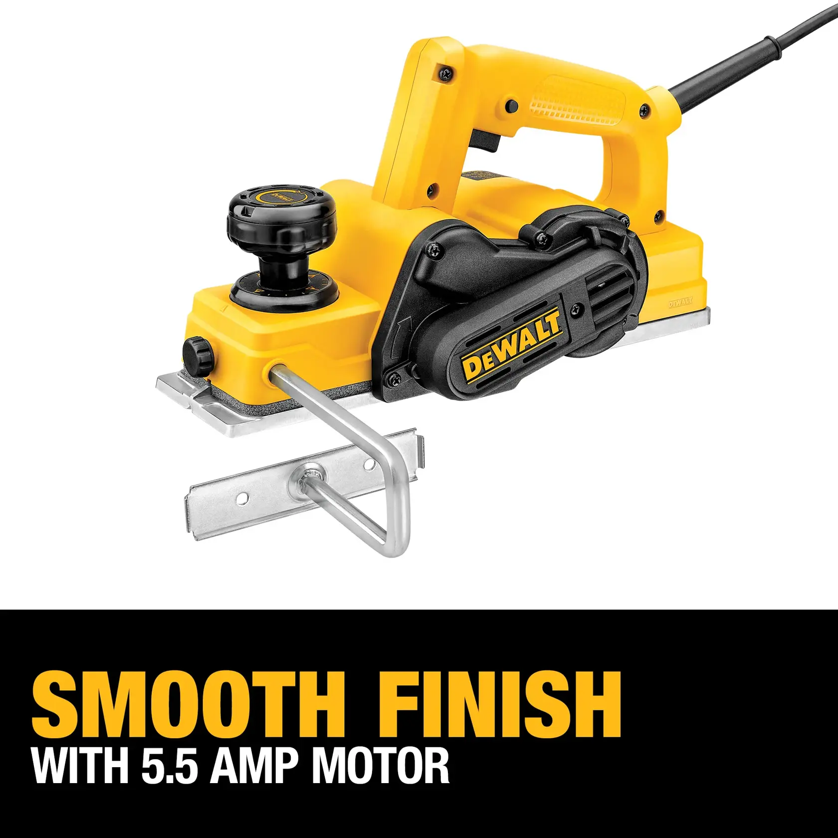DEWALT electric hand planer in yellow and black, featuring a side adjustment knob, a metallic guide attachment, and labeled as having a 5.5 amp motor for a smooth finish.