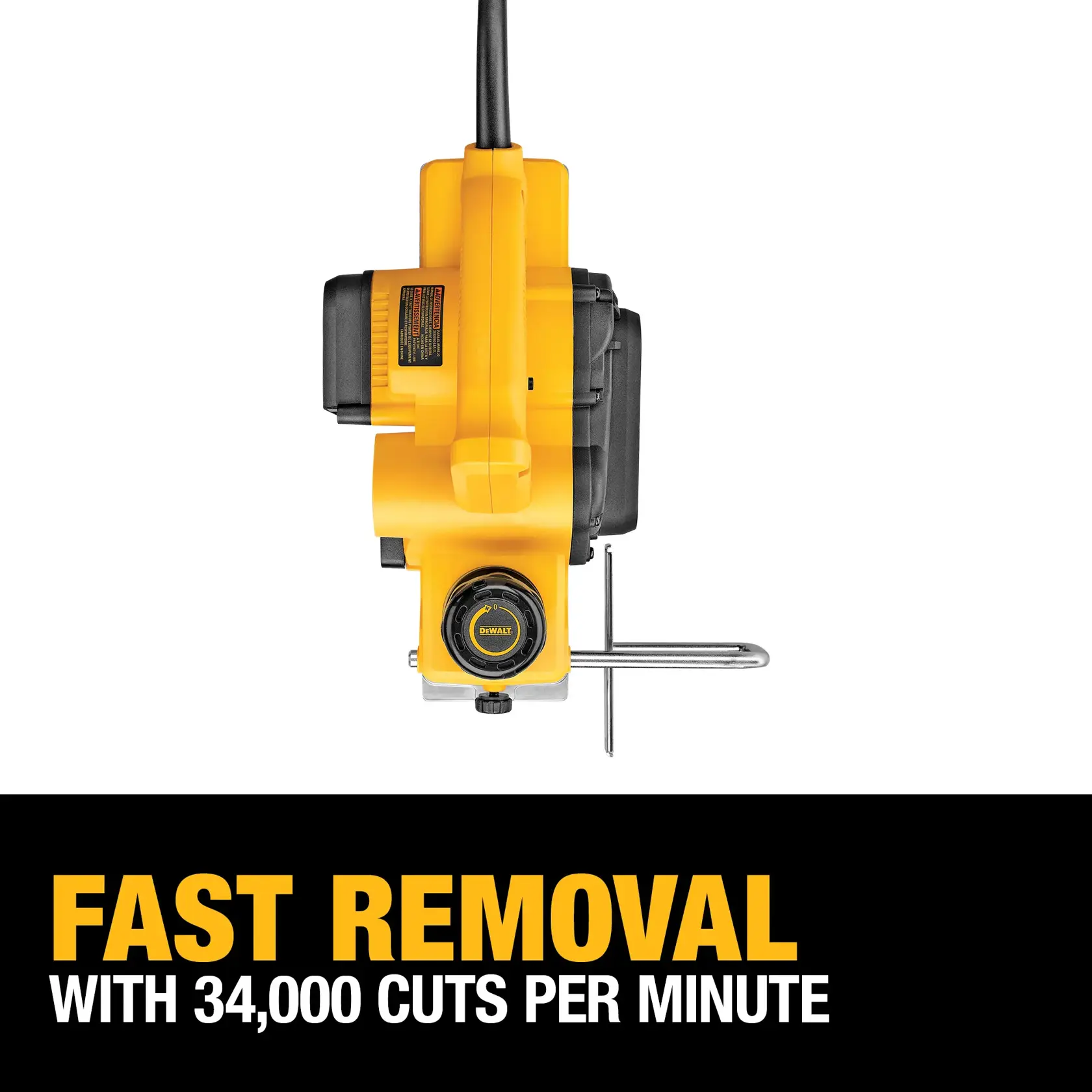 Un rabot électrique manuel jaune DEWALT est présenté devant une mallette noire arborant le logo jaune DEWALT.