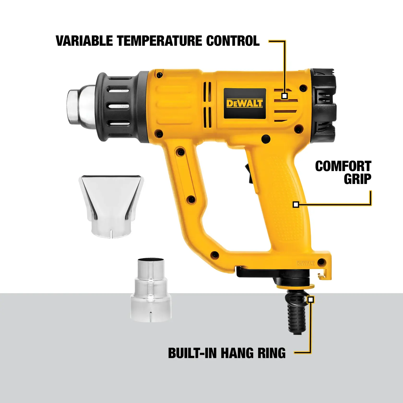 A DEWALT D26950 heat gun in yellow with black accents is shown with two metal nozzle attachments. The image labels three features: variable temperature control, comfort grip handle, and built-in hang ring.