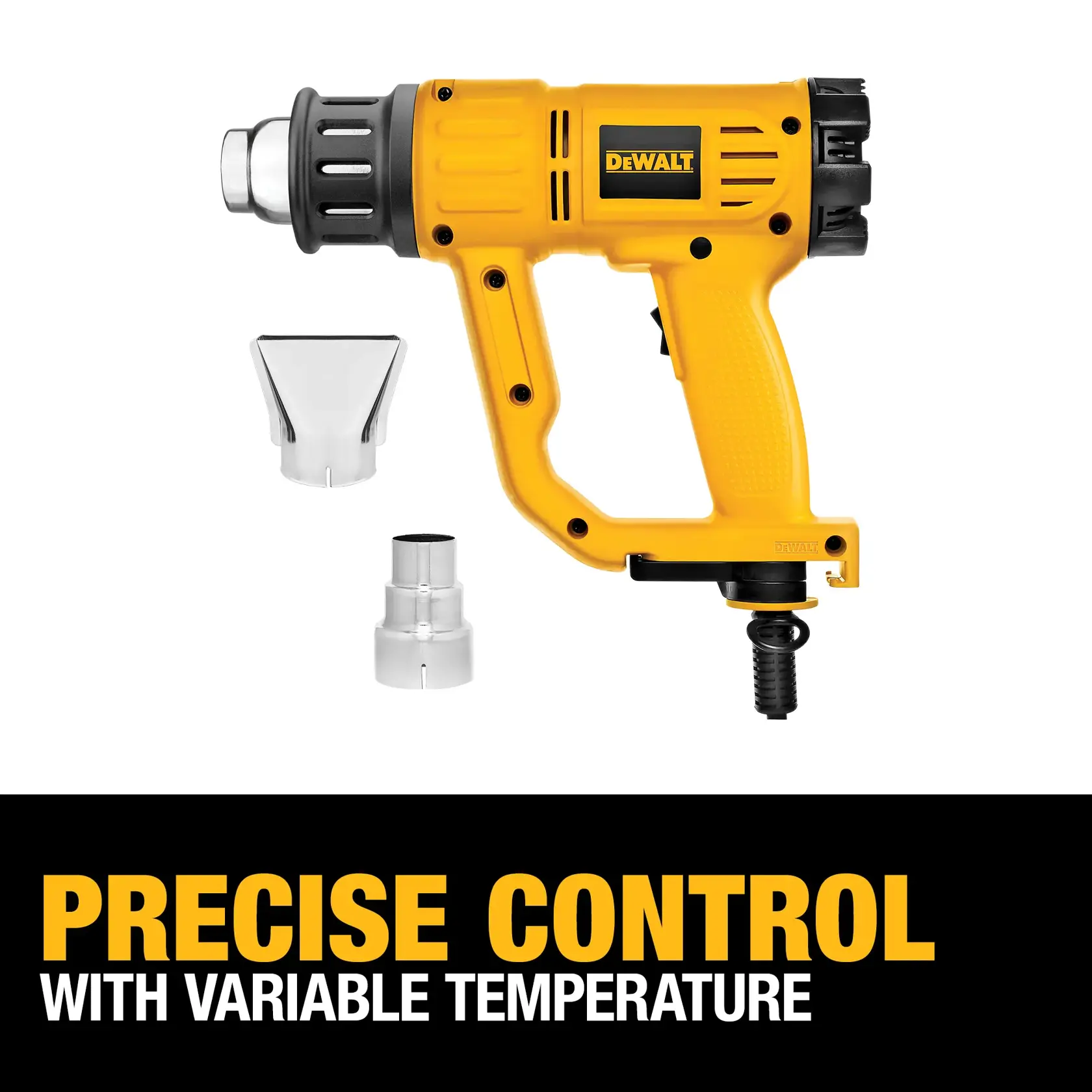 DEWALT yellow heat gun model D26950 shown with two metal nozzle attachments on a white background. Below, text reads: Precise control with variable temperature.