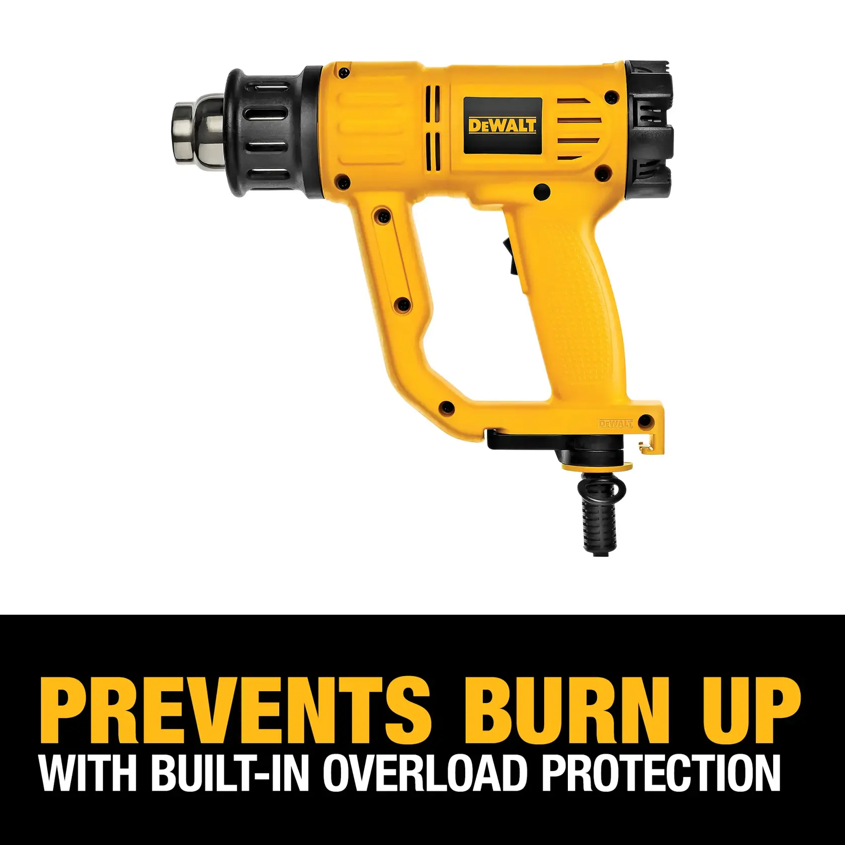 A yellow DEWALT heat gun model D26950 with a black nozzle and handle, featuring a built-in overload protection system. Text below the image reads: 'Prevents burn up with built-in overload protection.'