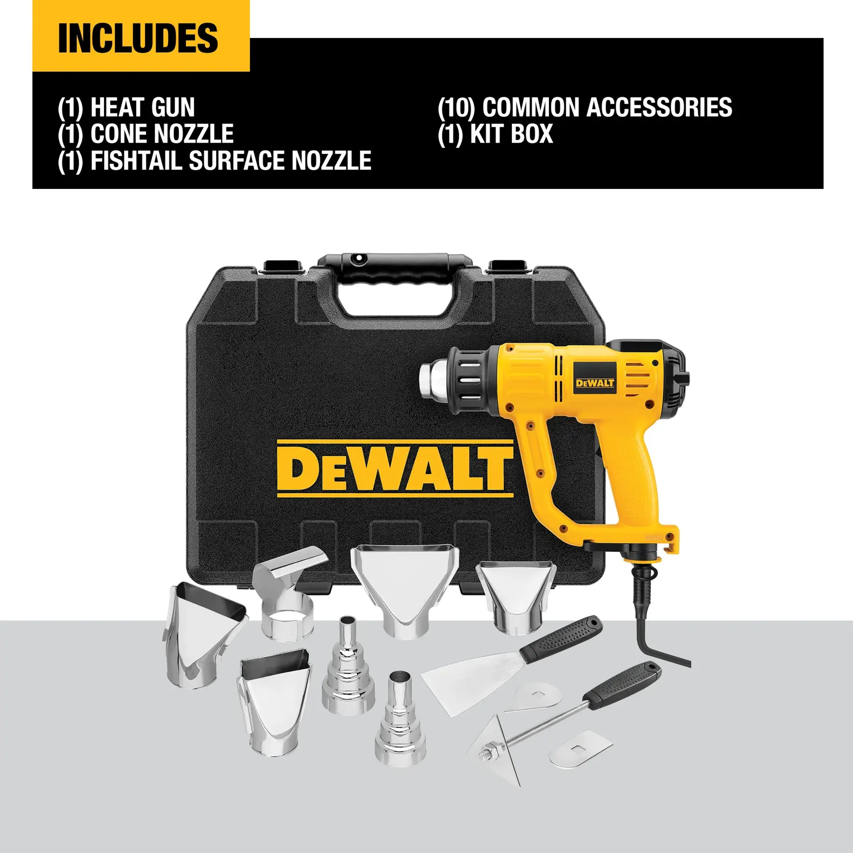 DEWALT heat gun kit including a yellow and black heat gun, several metal nozzle attachments, hand tools, and accessories displayed in front of a black DEWALT carrying case. The text lists included items: heat gun, cone nozzle, fishtail surface nozzle, ten common accessories, and a kit box.
