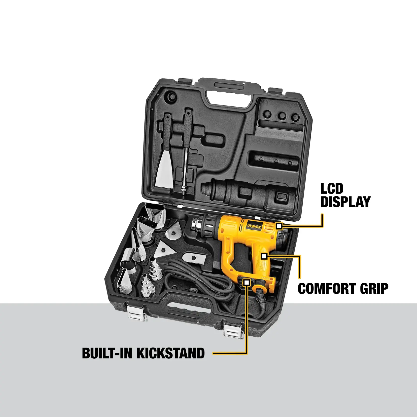 DEWALT D26960K heat gun kit with yellow heat gun, multiple metal nozzles, accessories, and a black carrying case. The image highlights key features: LCD display on the gun, comfort grip handle, and built-in kickstand.