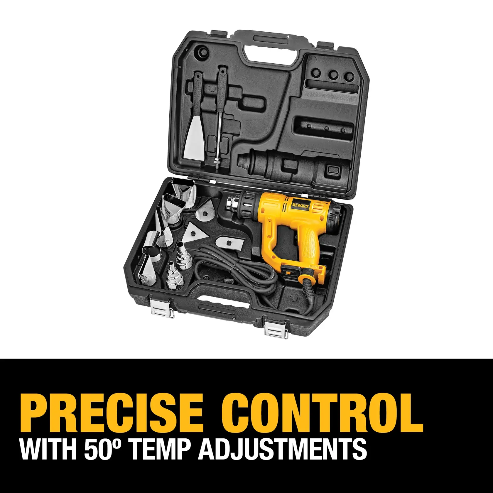 A DEWALT heat gun kit (model D26960K) shown in an open black carrying case with various accessories and nozzles. The yellow heat gun is visibly stored in the lower compartment. Text below reads: 'PRECISE CONTROL WITH 50º TEMP ADJUSTMENTS'.