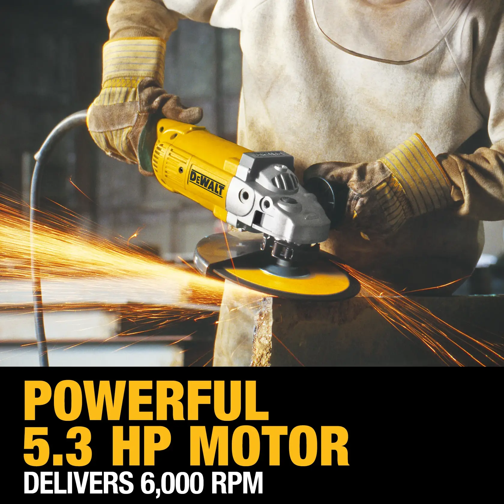 A person wearing protective gear uses a DEWALT angle grinder, creating sparks while working on a metal surface. The image highlights the powerful 5.3 horsepower motor, delivering 6,000 RPM.