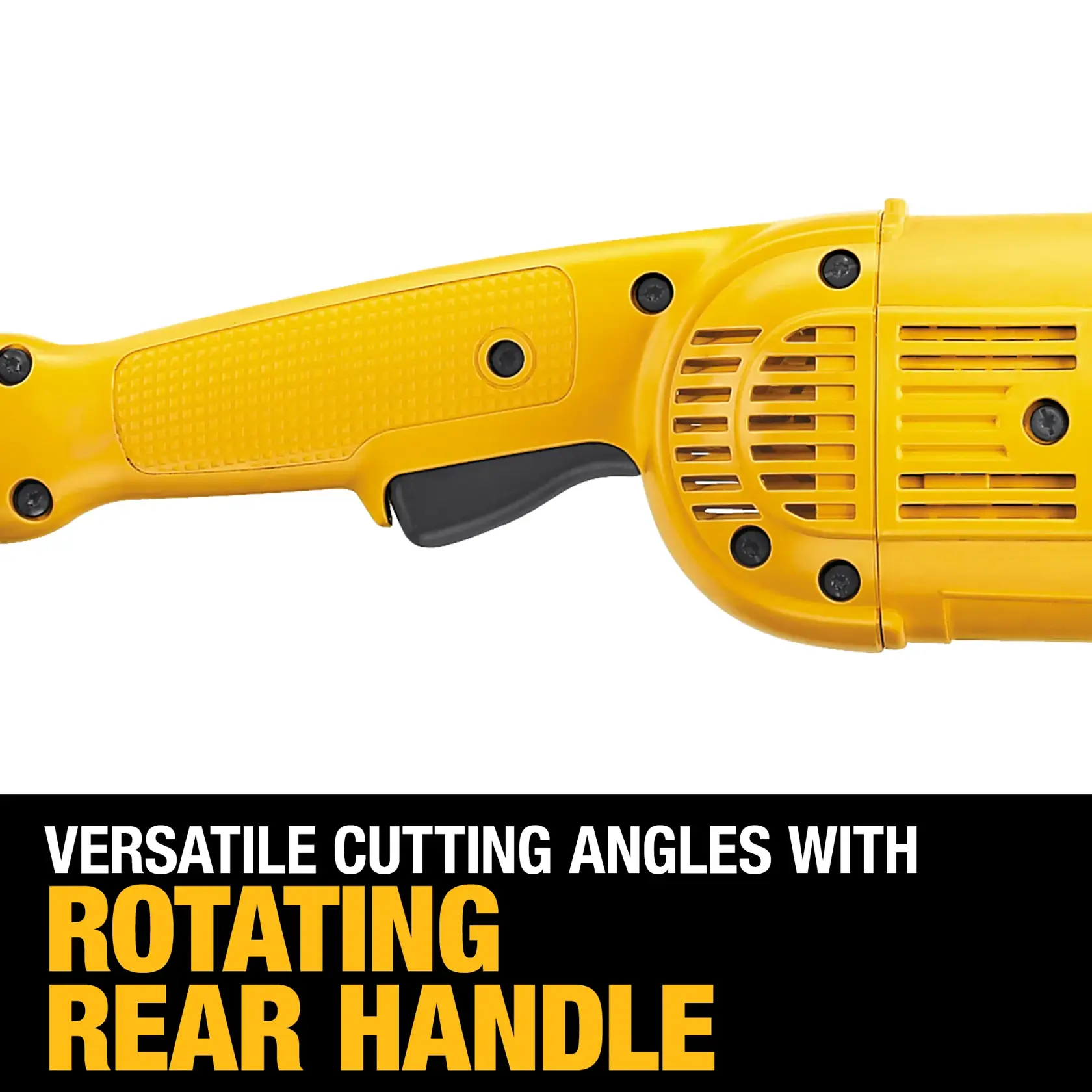 Close-up of a yellow DEWALT power tool handle featuring a rotating rear handle for versatile cutting angles. Text on the image reads: 'Versatile cutting angles with rotating rear handle.'