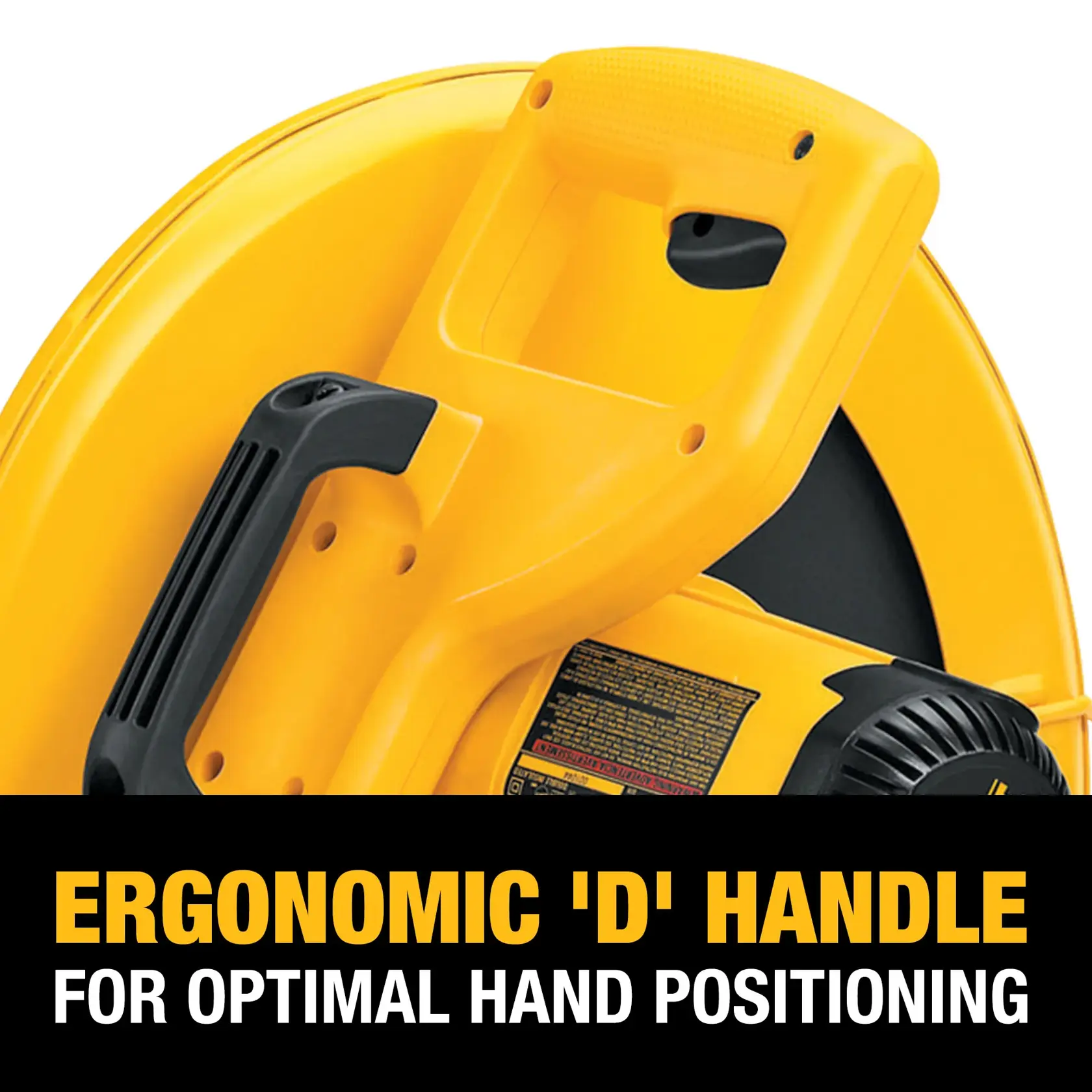 Close-up image of a DEWALT power tool featuring a yellow and black ergonomic 'D' handle, designed for optimal hand positioning. Text on the image highlights the ergonomic handle feature.