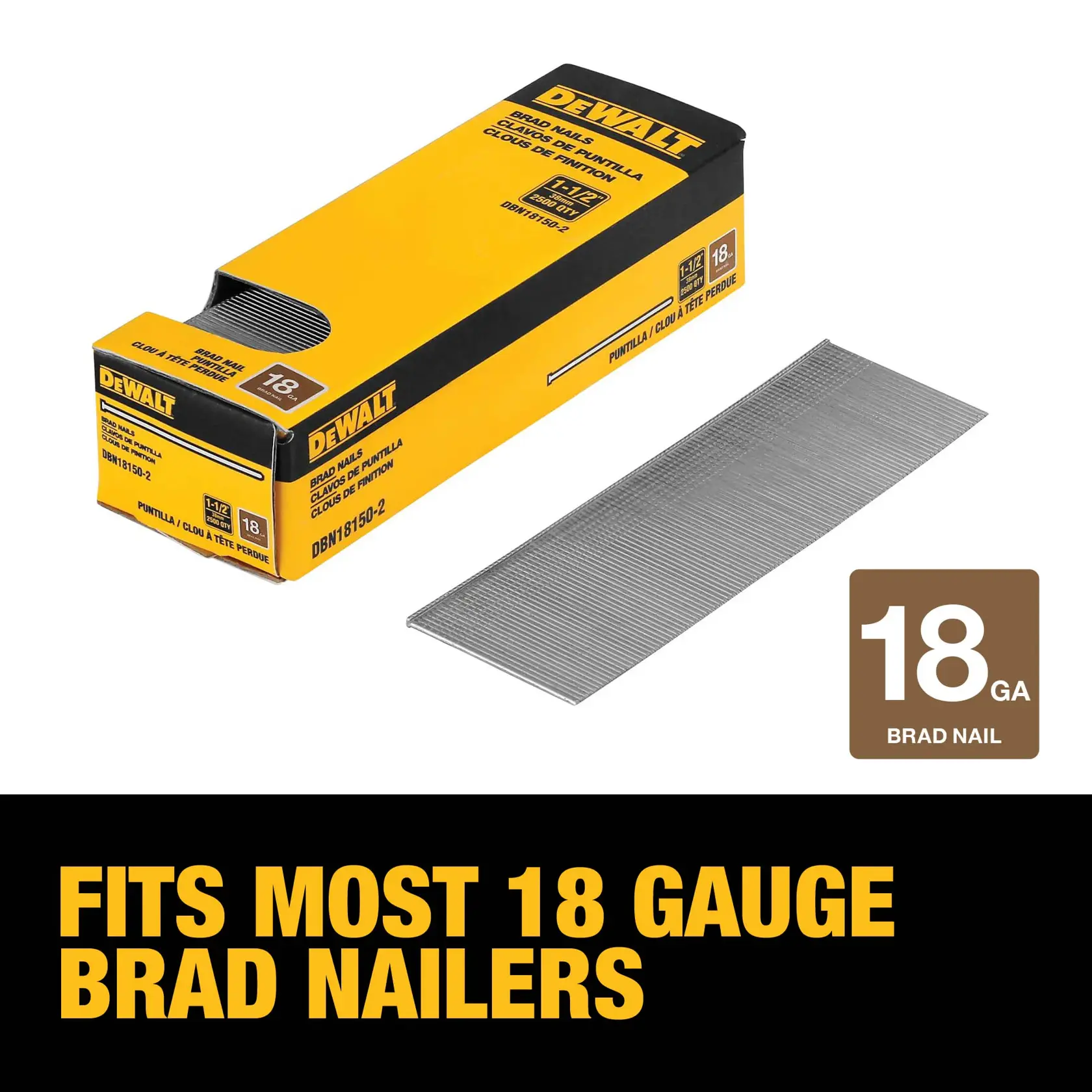 A box of DEWALT 18 gauge brad nails (SKU: DBN18150-2) is shown next to a stack of brad nails. The packaging is yellow and black, stating that these brad nails fit most 18 gauge brad nailers.