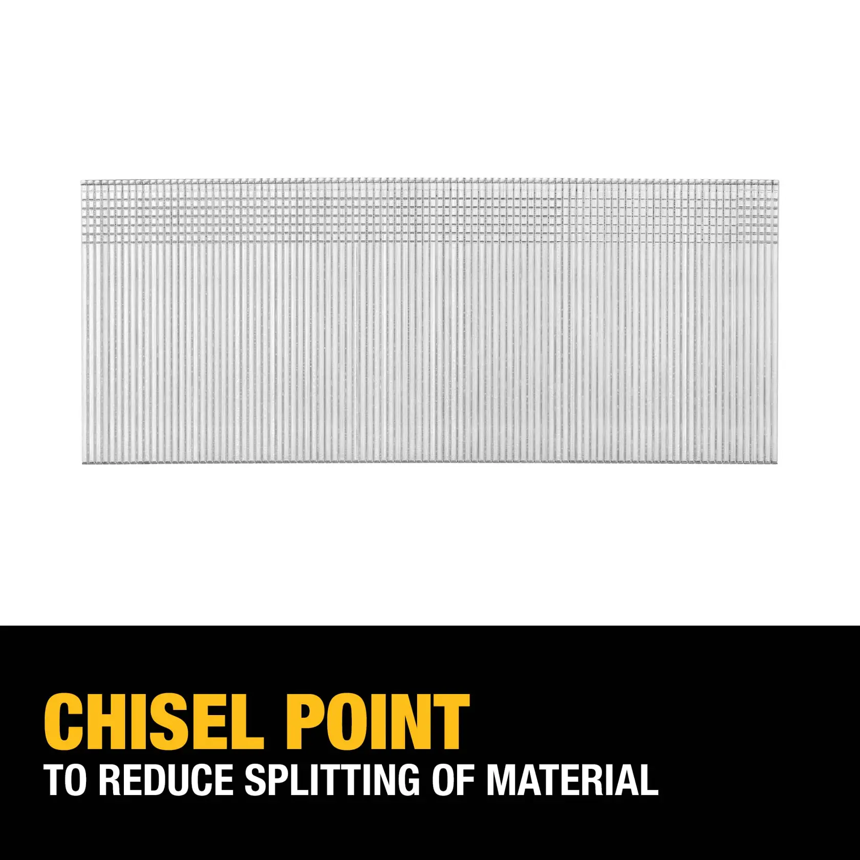 Silver nails with chisel point, shown above text: Chisel Point to reduce splitting of material.
