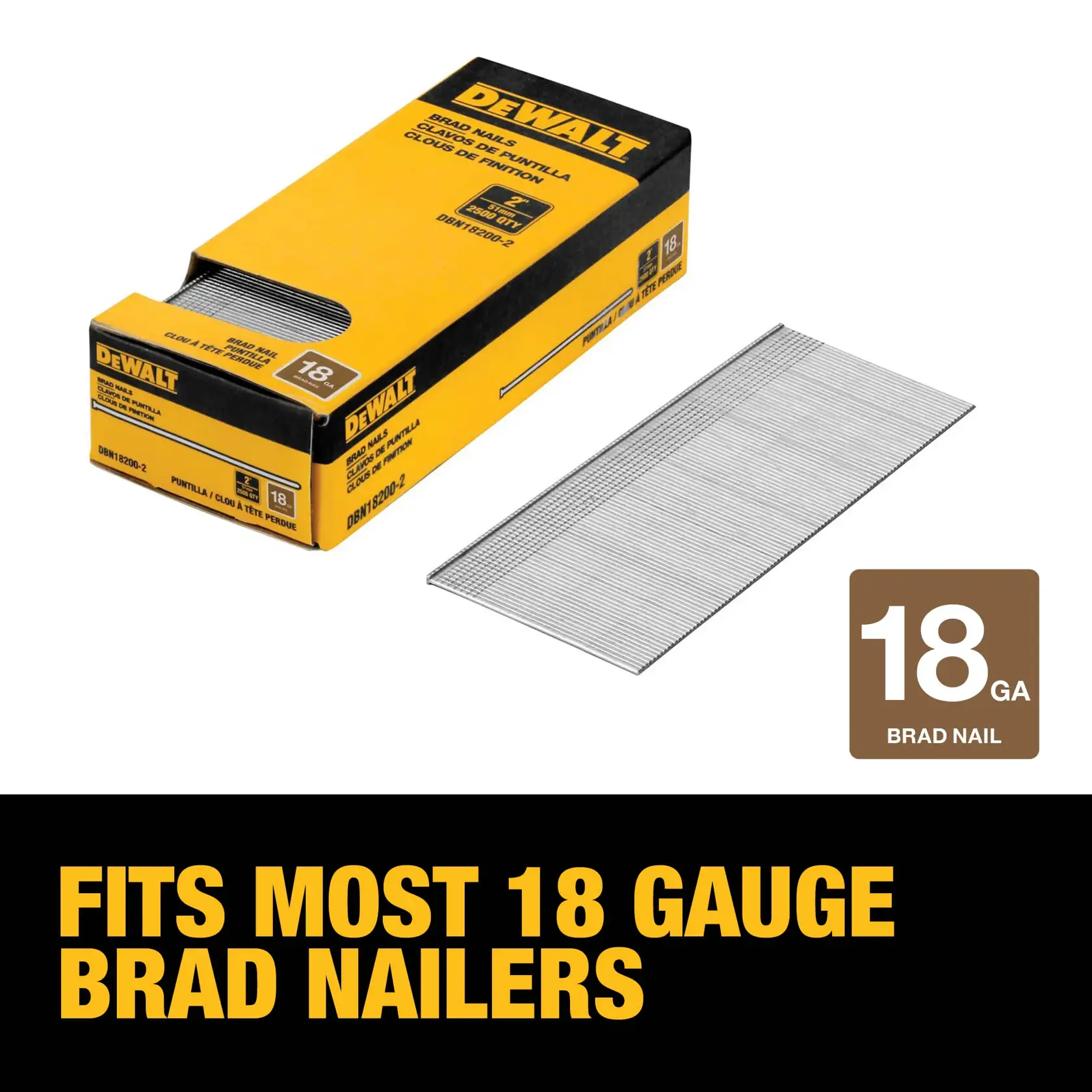 DEWALT 18 gauge brad nails in yellow box, suitable for most 18 gauge brad nailers, product model DBN18200-2.