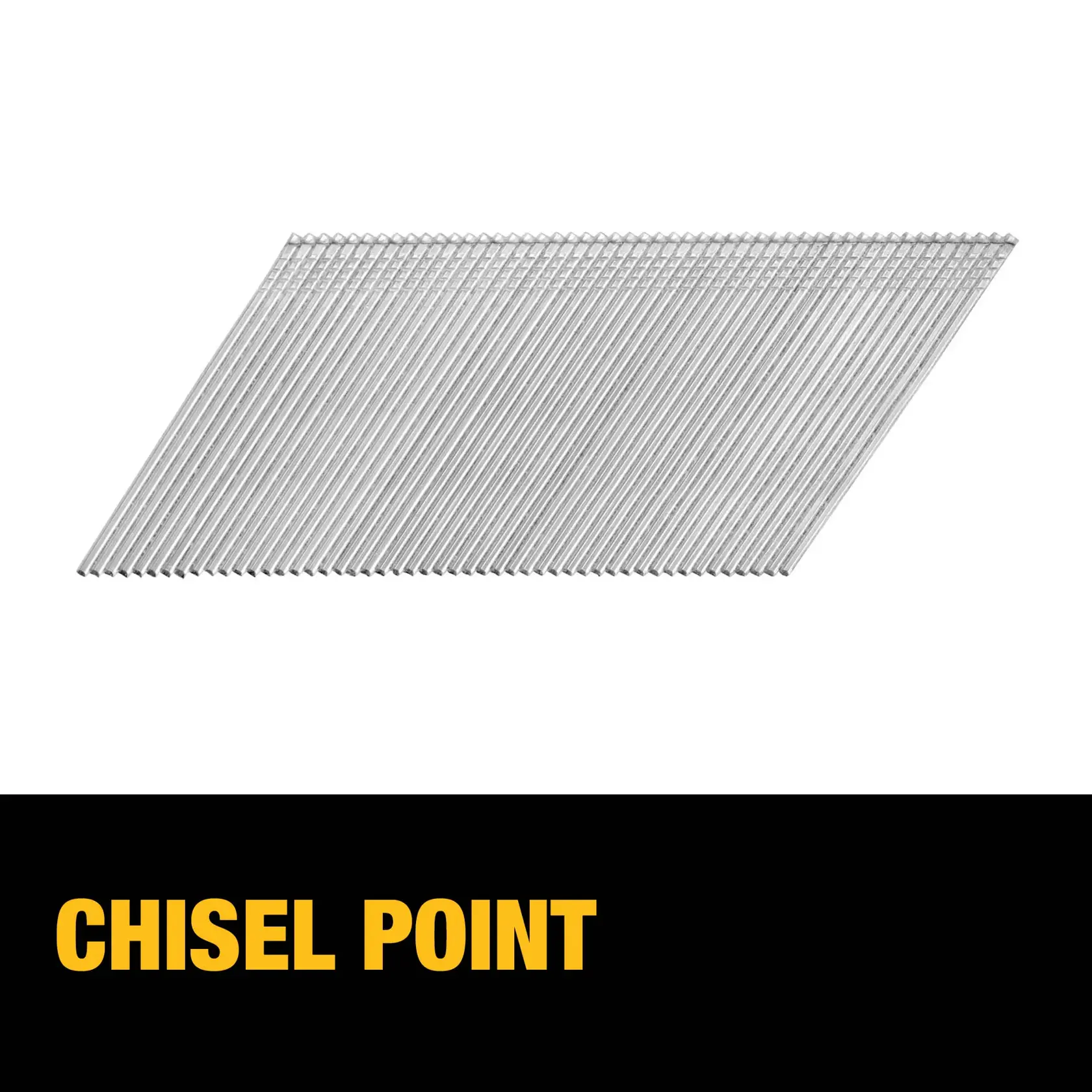 A bundle of angled chisel point nails arranged in a strip against a white background. The bottom part of the image has a black section with yellow text that reads 'CHISEL POINT'.