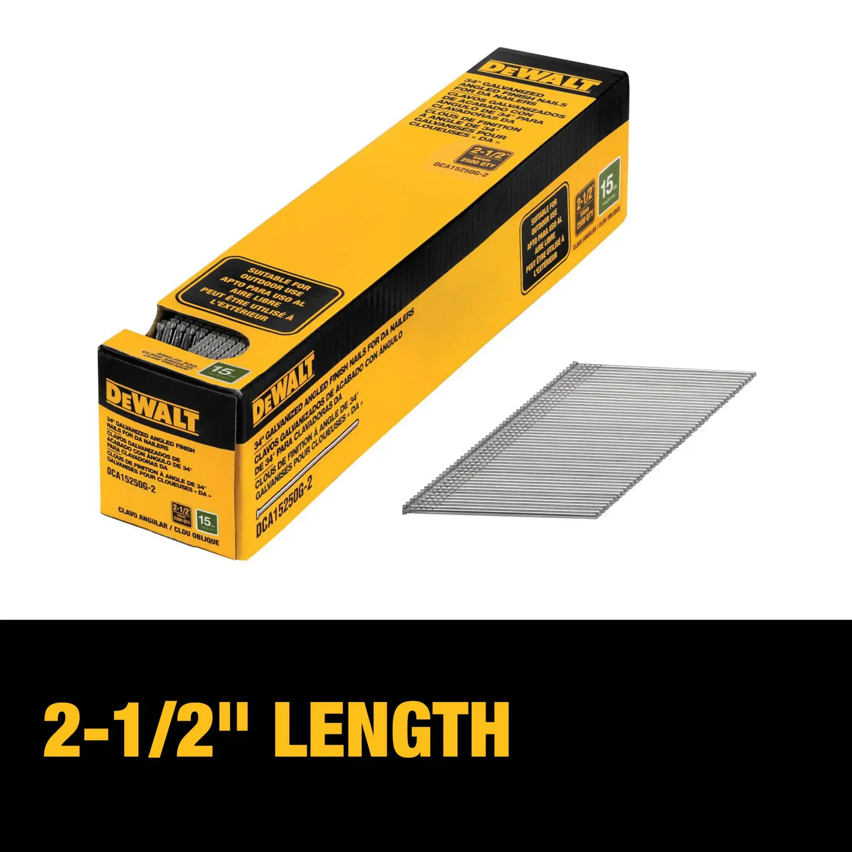 A yellow DEWALT box containing 15 gauge galvanized angled finish nails, SKU DCA15250G-2, next to a strip of nails. Text below states '2-1/2" LENGTH'.