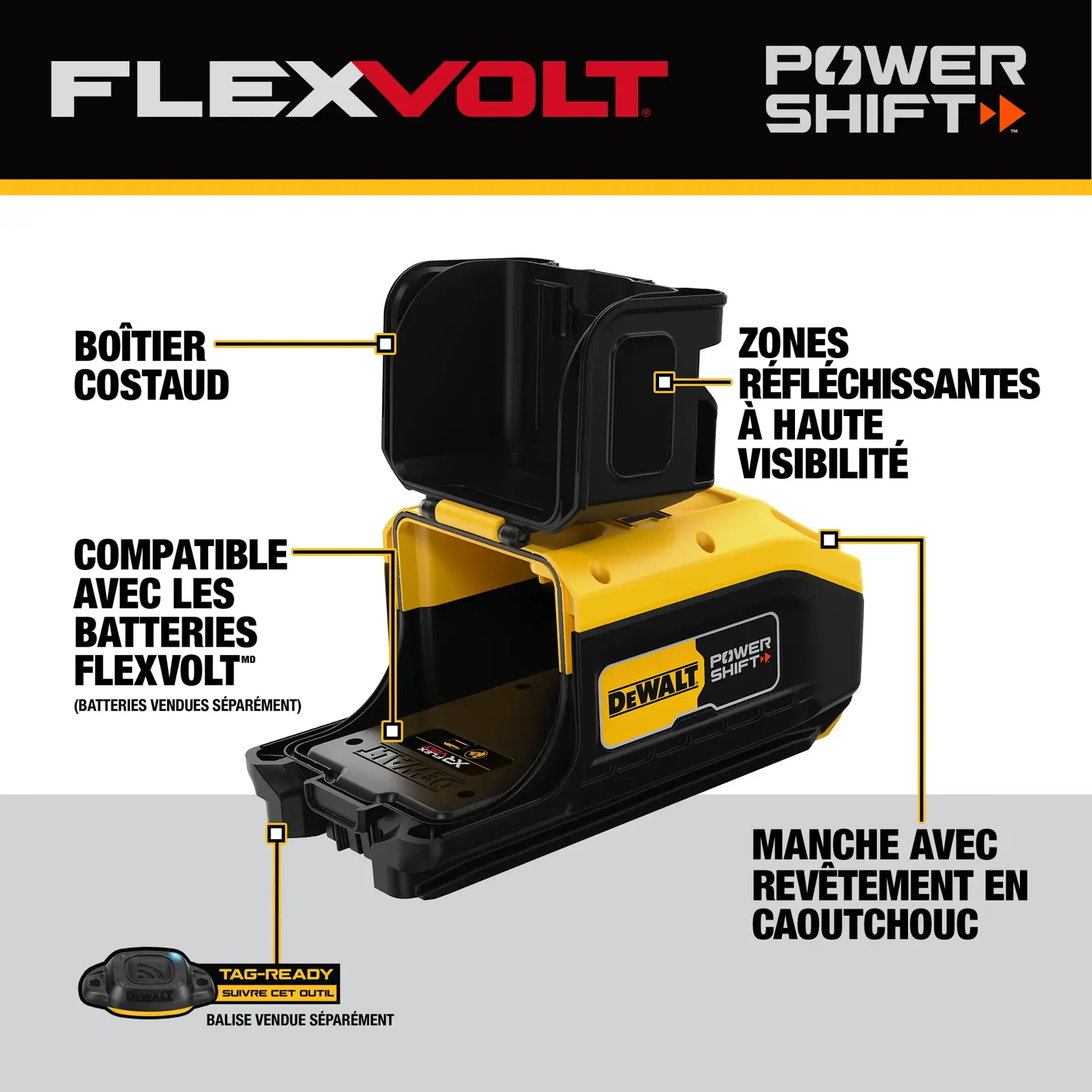 A DEWALT Power Shift FlexVolt battery-compatible device is shown with key features highlighted. These features include a durable housing, high visibility reflective zones, a rubber overmold handle, and compatibility with FlexVolt batteries and a tag-ready tracking system, with tags sold separately.