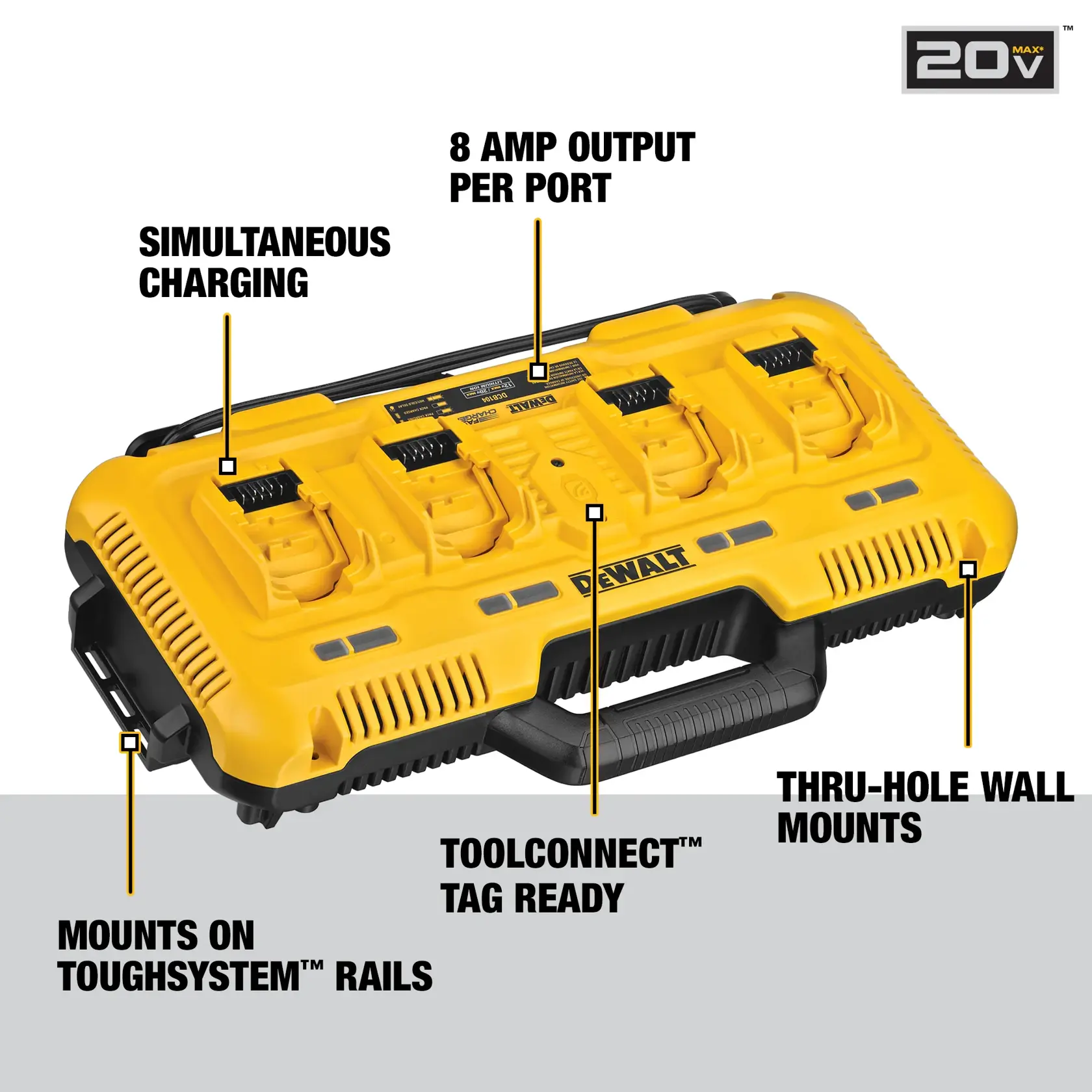 A yellow DEWALT DCB104 battery charger featuring four charging ports for simultaneous charging, 8 amp output per port, ToolConnect tag ready, mounts on ToughSystem rails, and thru-hole wall mounts. The charger is designed for 20V MAX batteries.