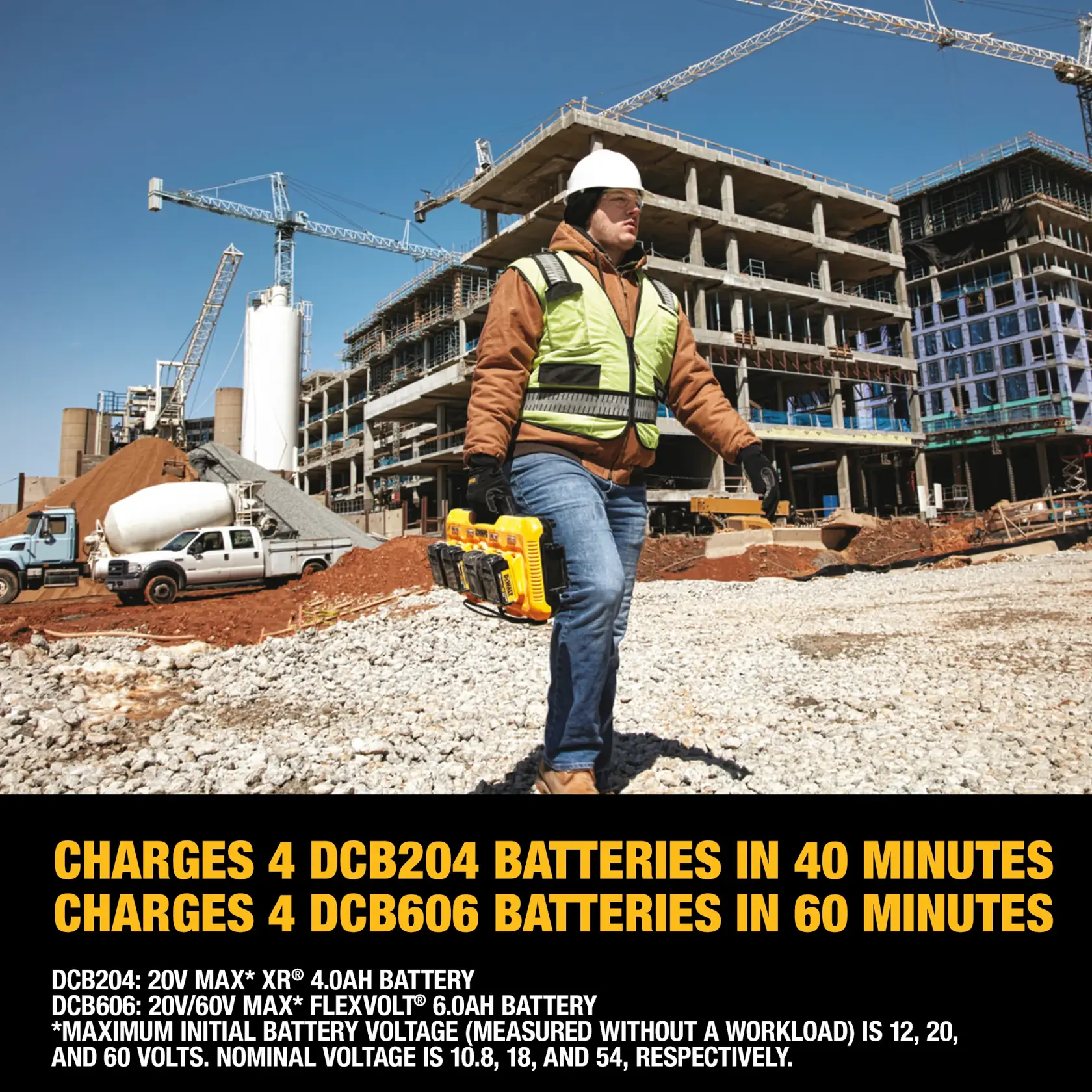 A construction worker wearing a safety vest, jacket, helmet, and gloves is walking at a construction site carrying a DEWALT DCB104 battery charger with four batteries attached. The background shows multi-story building structures under construction with cranes and construction vehicles. Text on the image highlights fast charging times for DCB204 and DCB606 batteries.